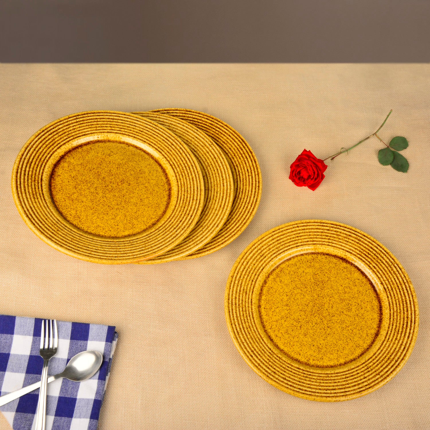 “California Spring Bloom” Studio Pottery Ceramic Dinner Serving Plates (Set of 4, Mustard Yellow, Diameter - 11 inches)