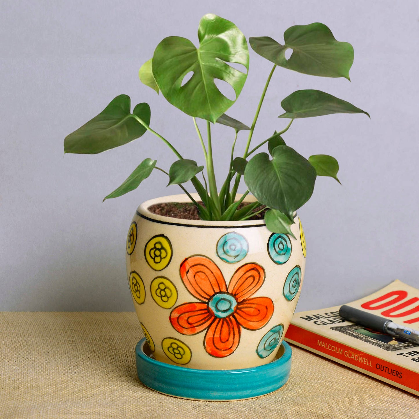 Hand Painted Ceramic Planter Pot with Tray (Multicolor, Diameter - 11 cm, Height - 12 cm)