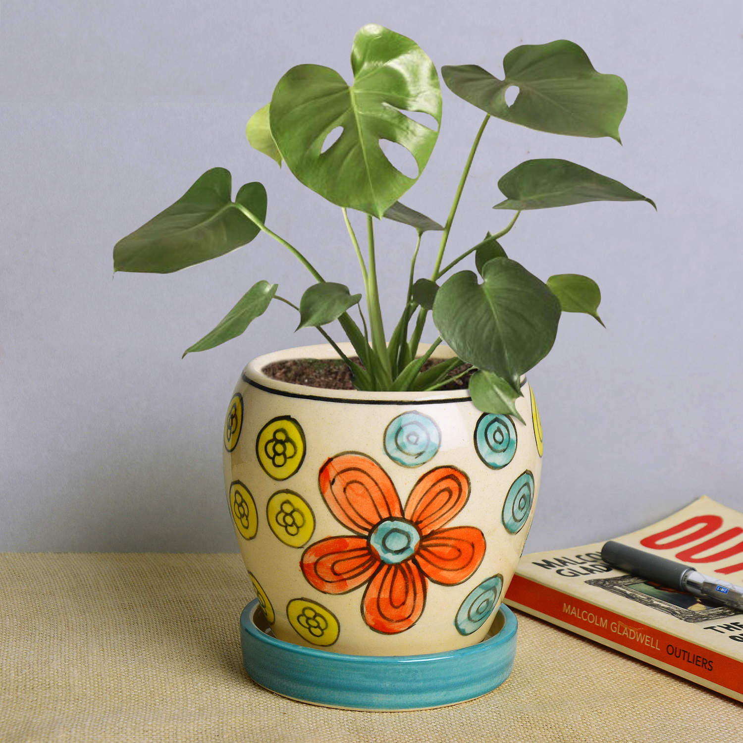 Hand Painted Ceramic Planter Pot with Tray (Multicolor, Diameter - 11 cm, Height - 12 cm)