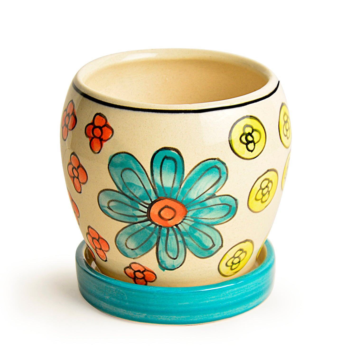 Hand Painted Ceramic Planter Pot with Tray (Multicolor, Diameter - 11 cm, Height - 12 cm) - View 5