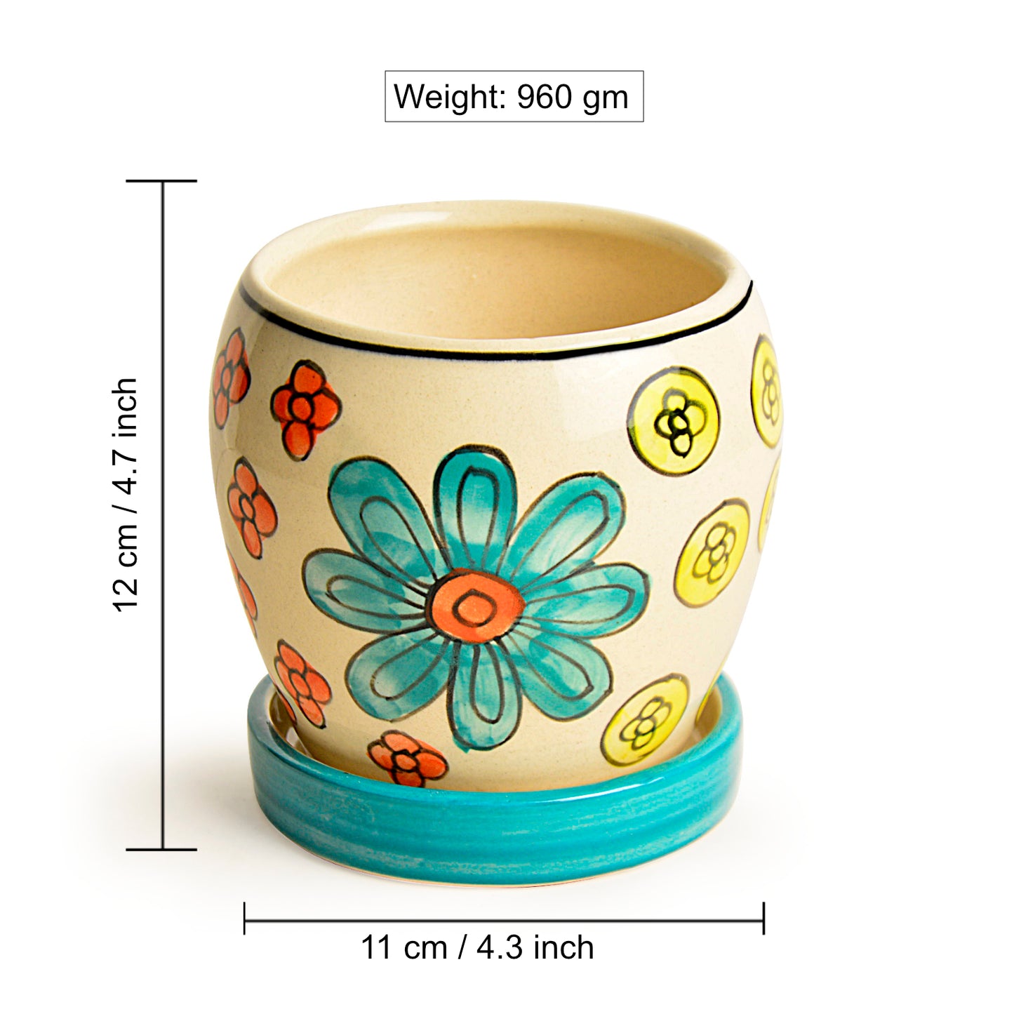 Hand Painted Ceramic Planter Pot with Tray (Multicolor, Diameter - 11 cm, Height - 12 cm) - View 2