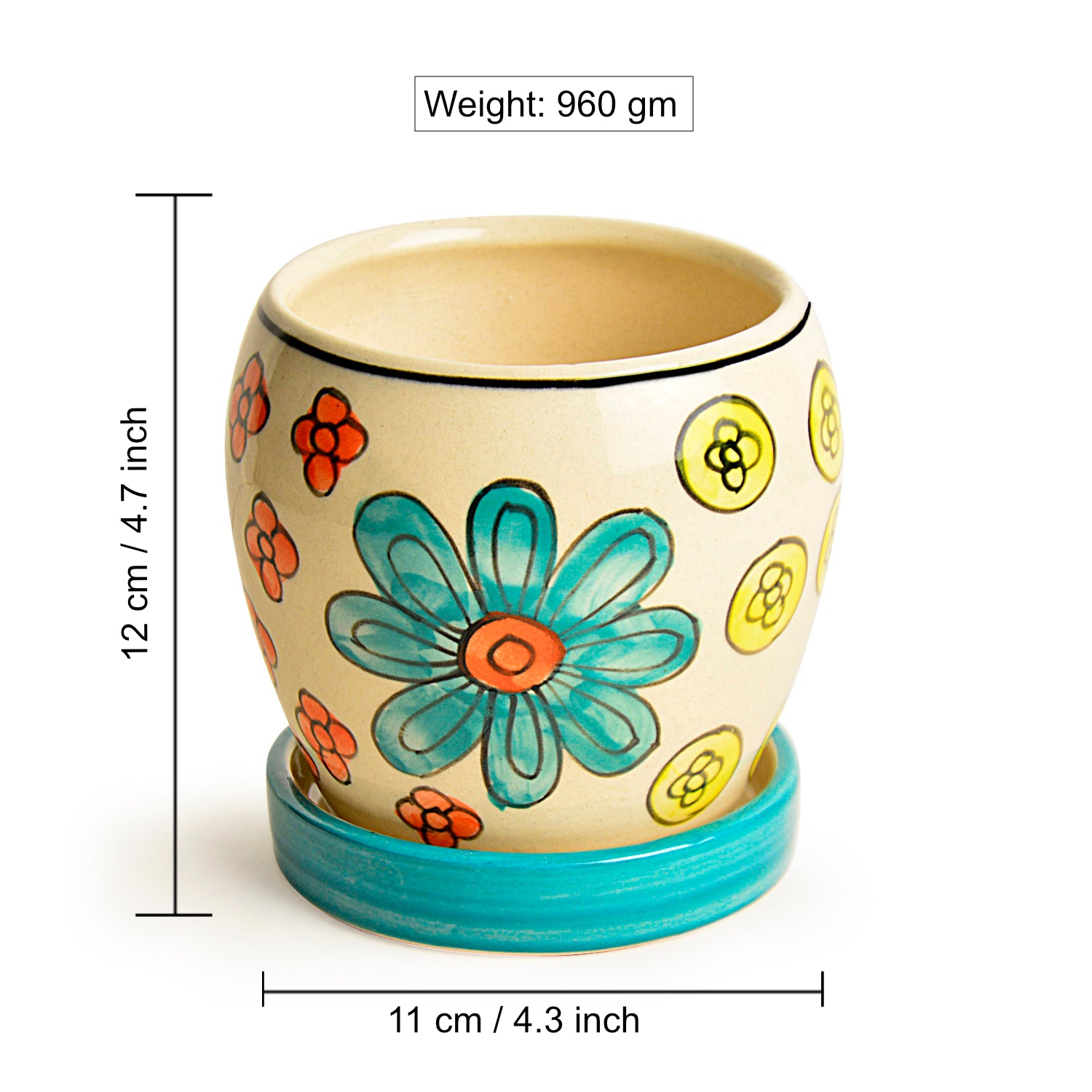 Hand Painted Ceramic Planter Pot with Tray (Multicolor, Diameter - 11 cm, Height - 12 cm) - View 2