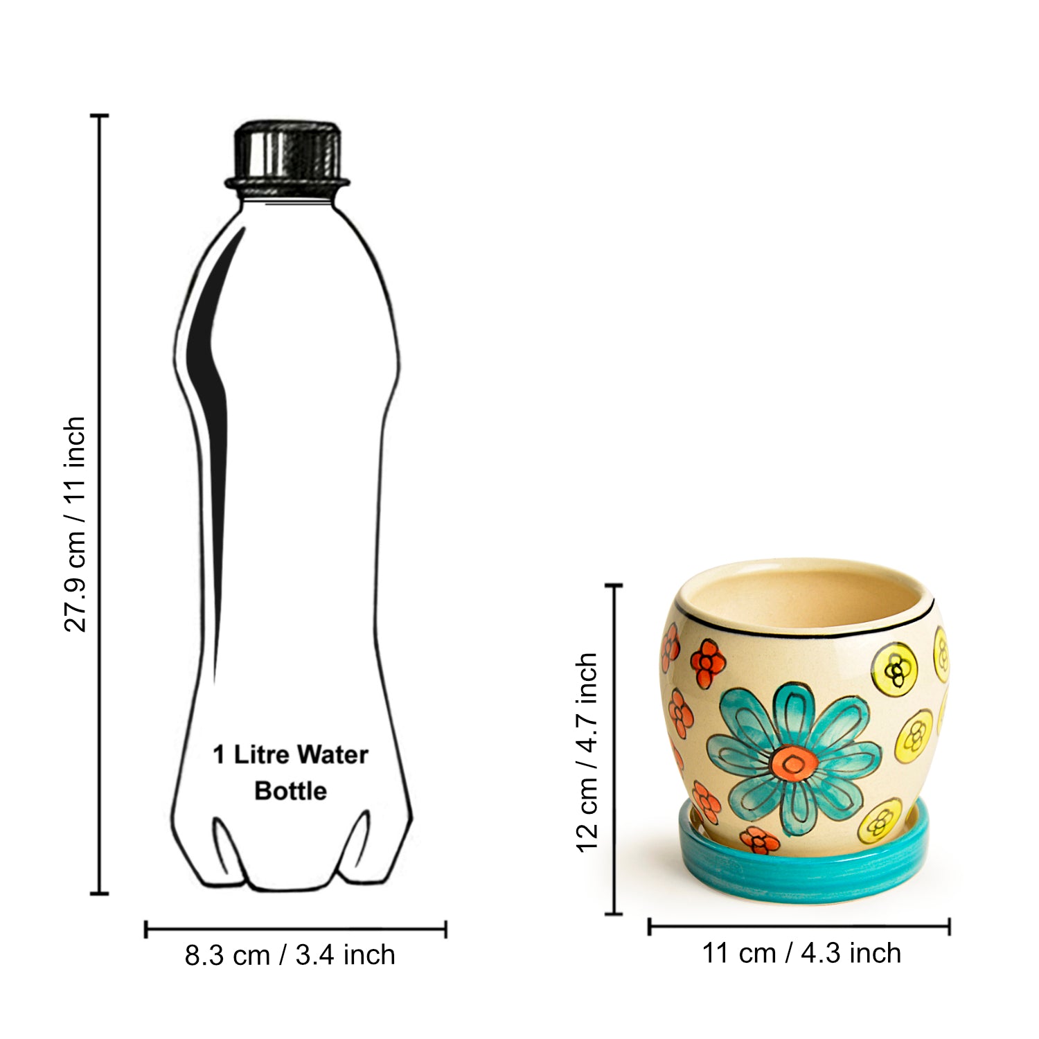 Hand Painted Ceramic Planter Pot with Tray (Multicolor, Diameter - 11 cm, Height - 12 cm) - View 6