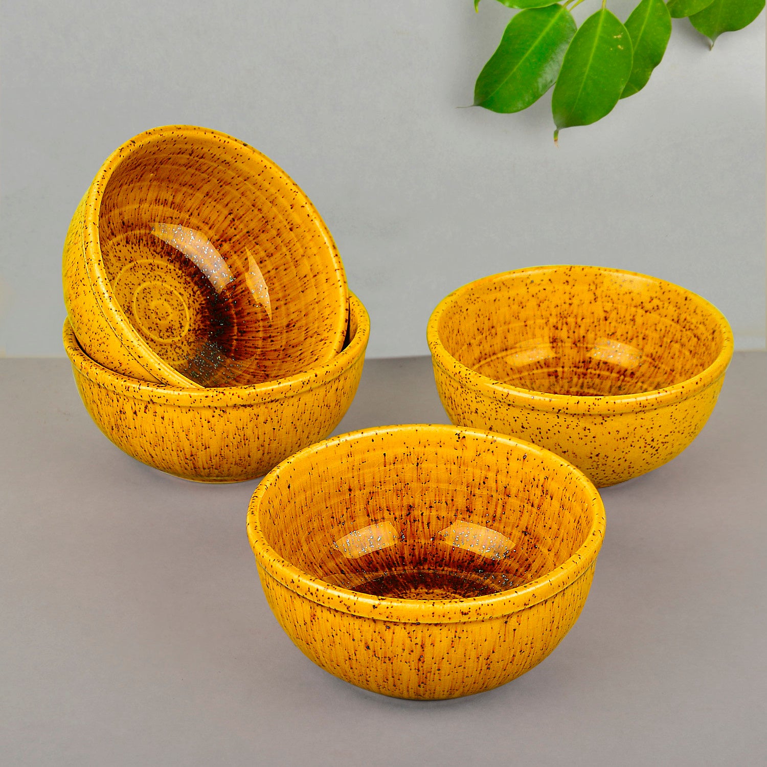 “California Spring Bloom” Studio Pottery Ceramic Dinner Serving Bowls (Set of 4, Mustard Yellow, 200 ml)