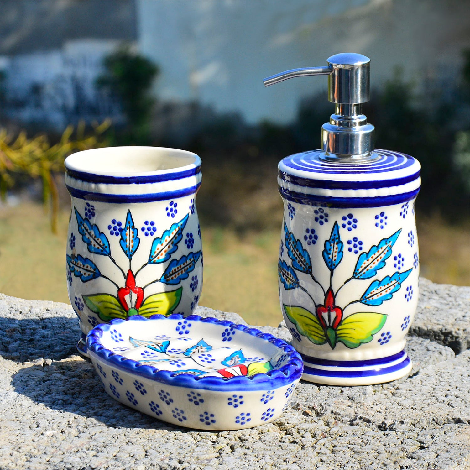 Hand Painted Ceramic Bathroom Set (Blue, 1 Liquid Soap Dispenser, 1 Soap Tray, 1 Toothbrush Holder)