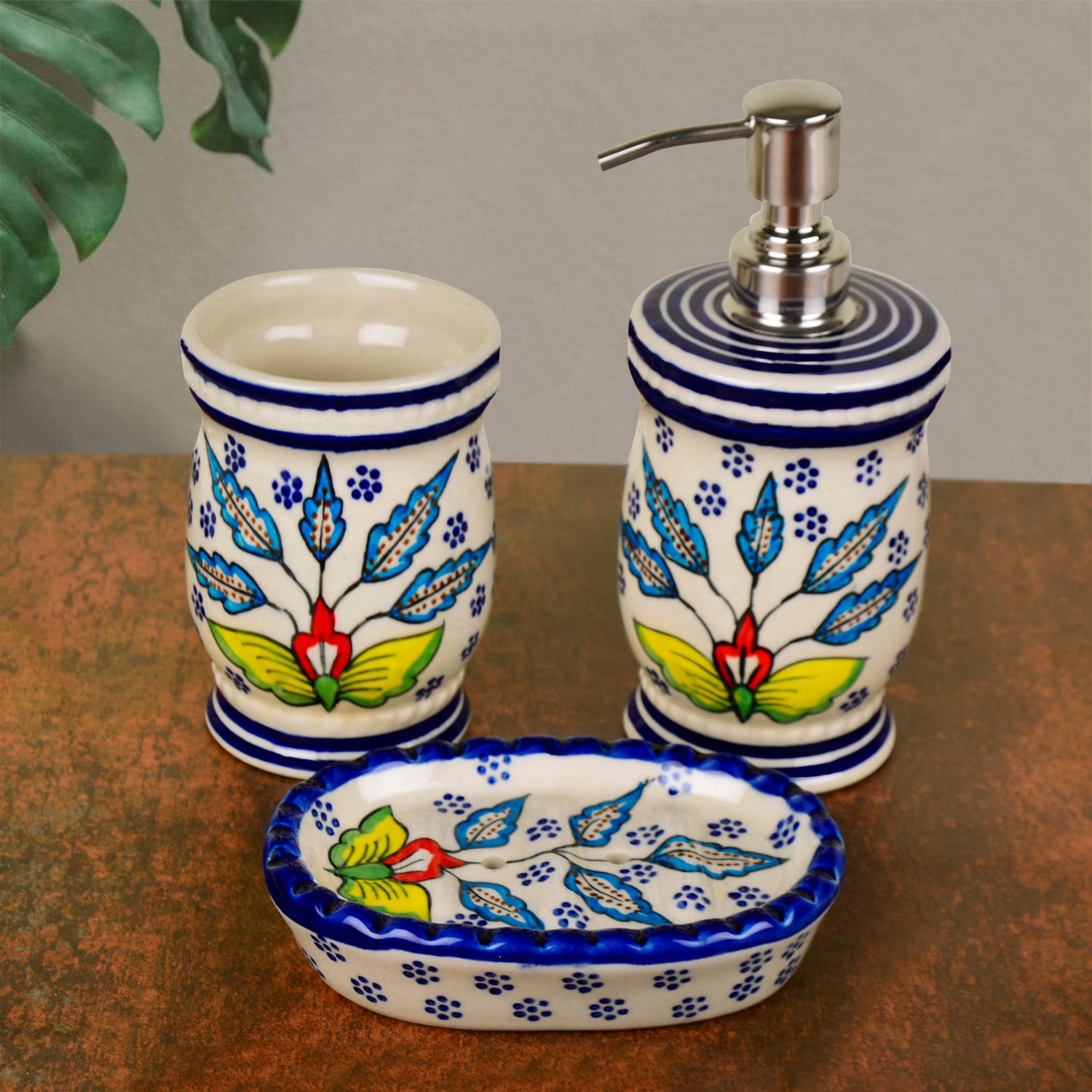 Hand Painted Ceramic Bathroom Set (Blue, 1 Liquid Soap Dispenser, 1 Soap Tray, 1 Toothbrush Holder) - View 3