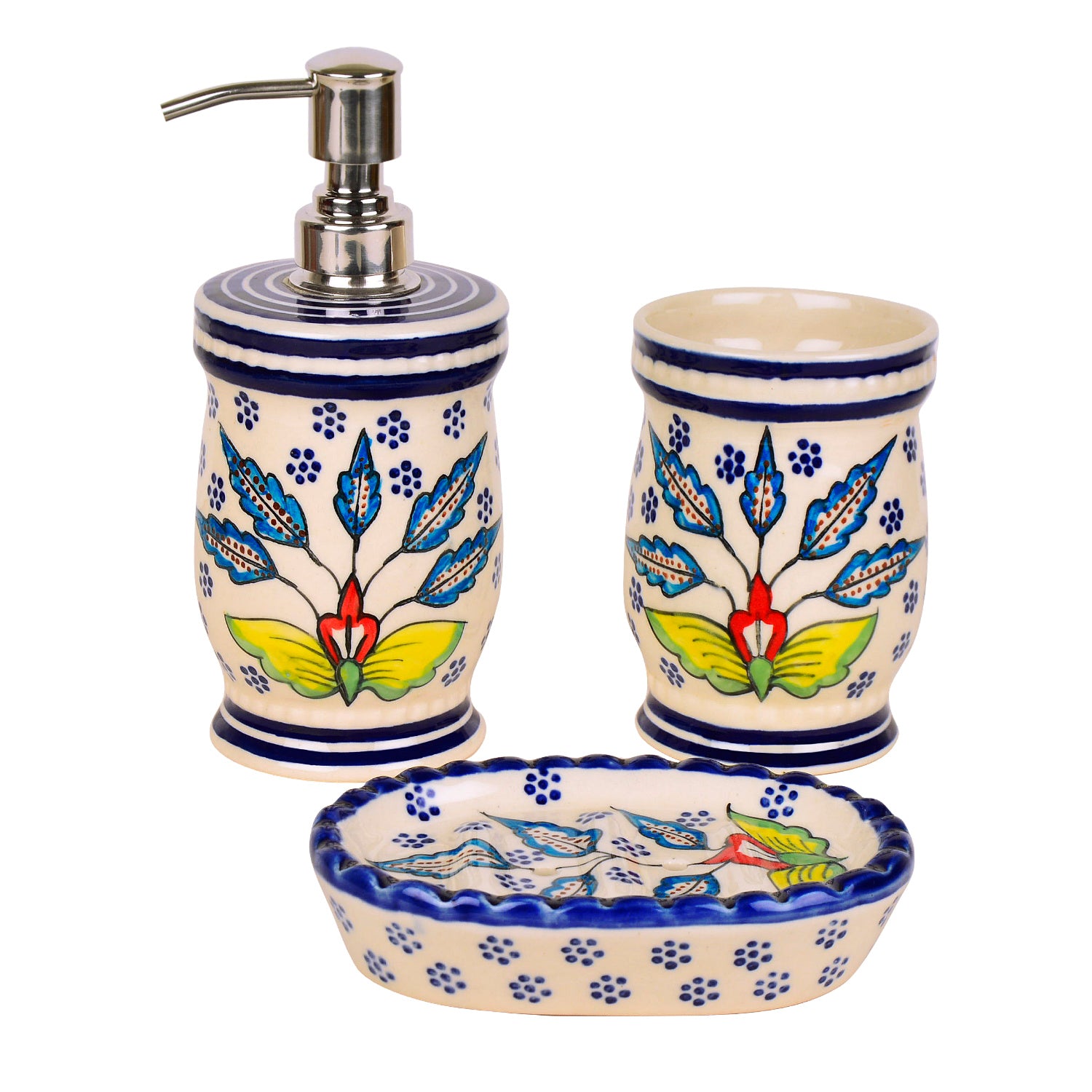 Hand Painted Ceramic Bathroom Set (Blue, 1 Liquid Soap Dispenser, 1 Soap Tray, 1 Toothbrush Holder) - View 2