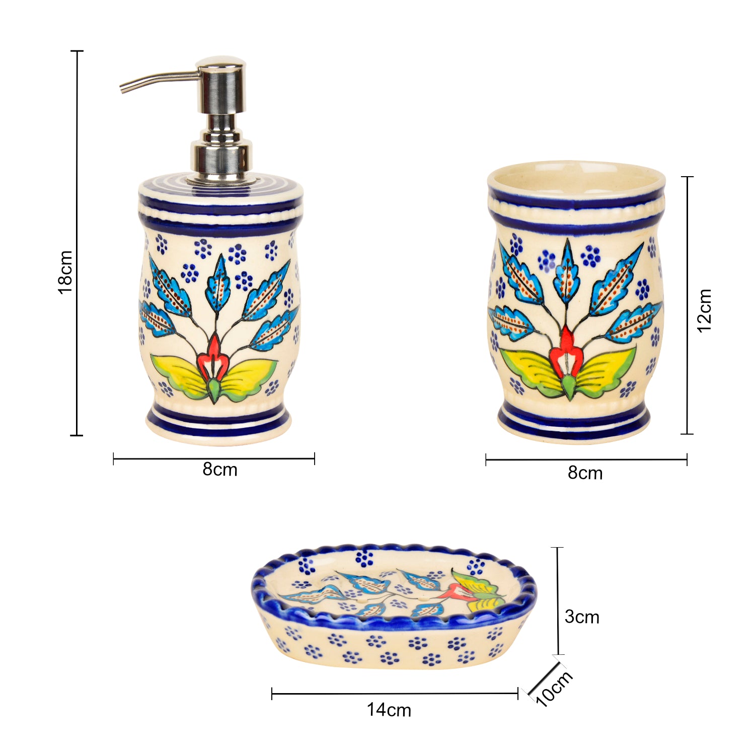 Hand Painted Ceramic Bathroom Set (Blue, 1 Liquid Soap Dispenser, 1 Soap Tray, 1 Toothbrush Holder) - View 6
