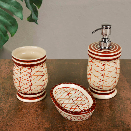 Hand Painted Ceramic Bathroom Set (Off White and Brown,1 Liquid Soap Dispenser, 1 Soap Tray, 1 Toothbrush Holder)