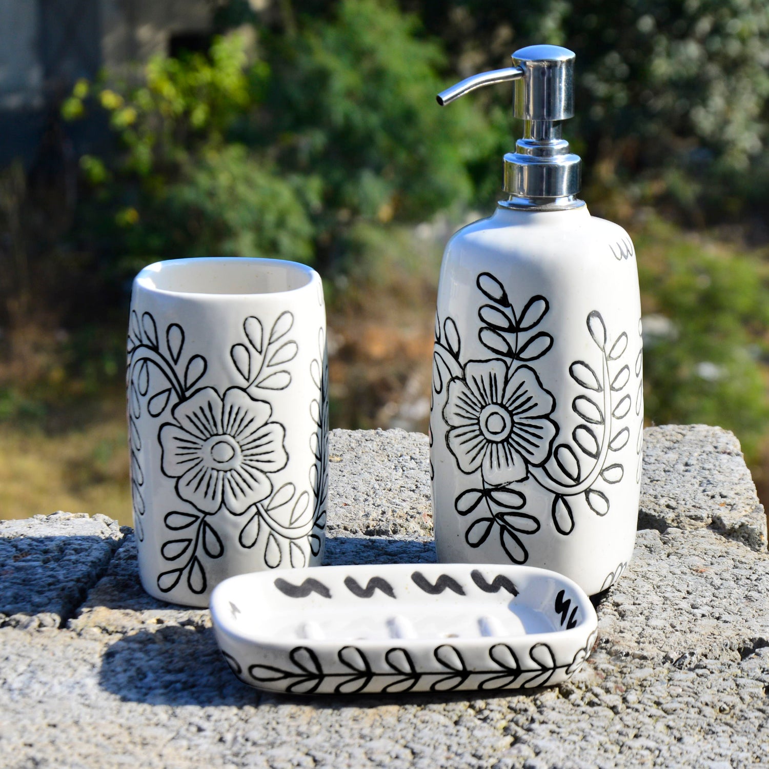 Hand Painted Ceramic Bathroom Set (White , Black,1 Liquid Soap Dispenser, 1 Soap Tray, 1 Toothbrush Holder)