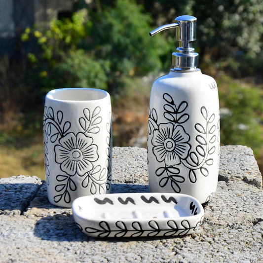 Hand Painted Ceramic Bathroom Set (White , Black,1 Liquid Soap Dispenser, 1 Soap Tray, 1 Toothbrush Holder)