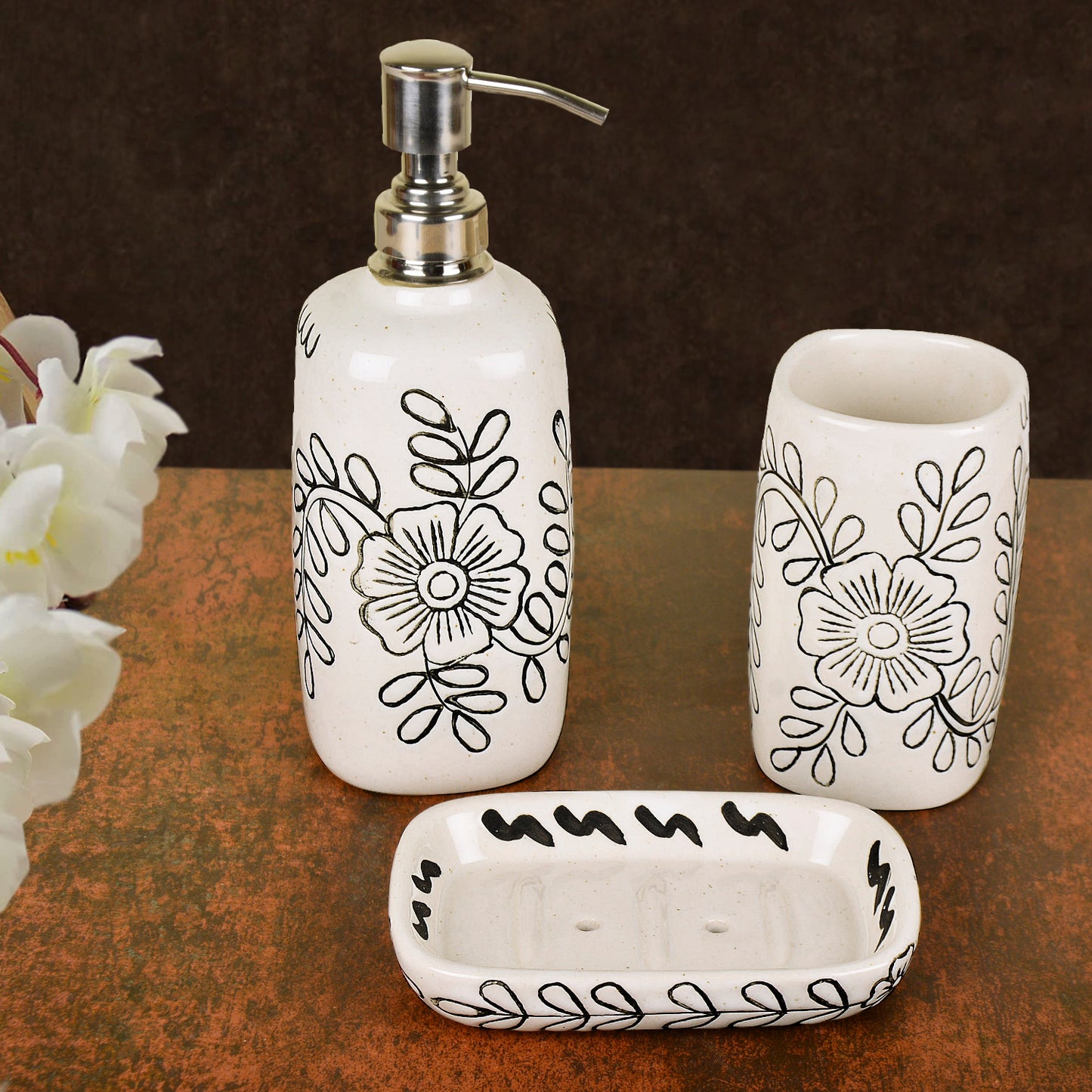 Hand Painted Ceramic Bathroom Set (White , Black,1 Liquid Soap Dispenser, 1 Soap Tray, 1 Toothbrush Holder) - View 3