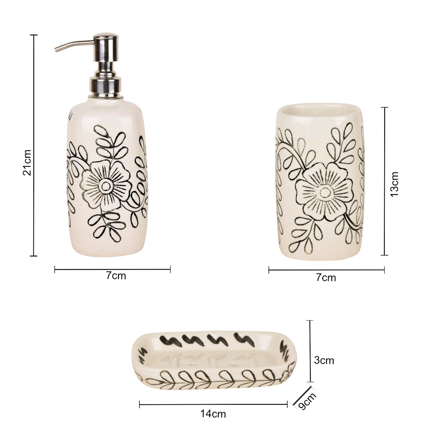 Hand Painted Ceramic Bathroom Set (White , Black,1 Liquid Soap Dispenser, 1 Soap Tray, 1 Toothbrush Holder) - View 5