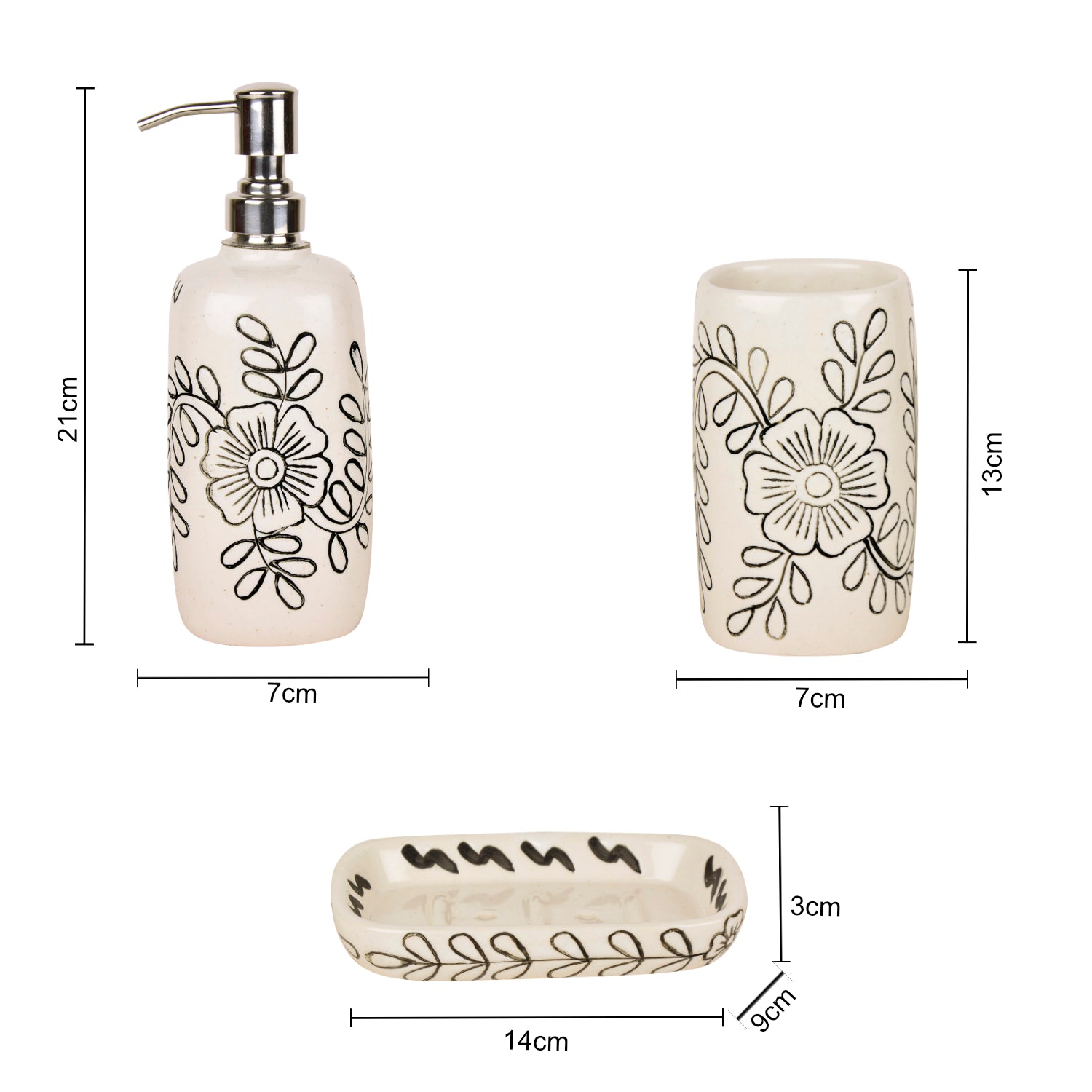 Hand Painted Ceramic Bathroom Set (White , Black,1 Liquid Soap Dispenser, 1 Soap Tray, 1 Toothbrush Holder) - View 5