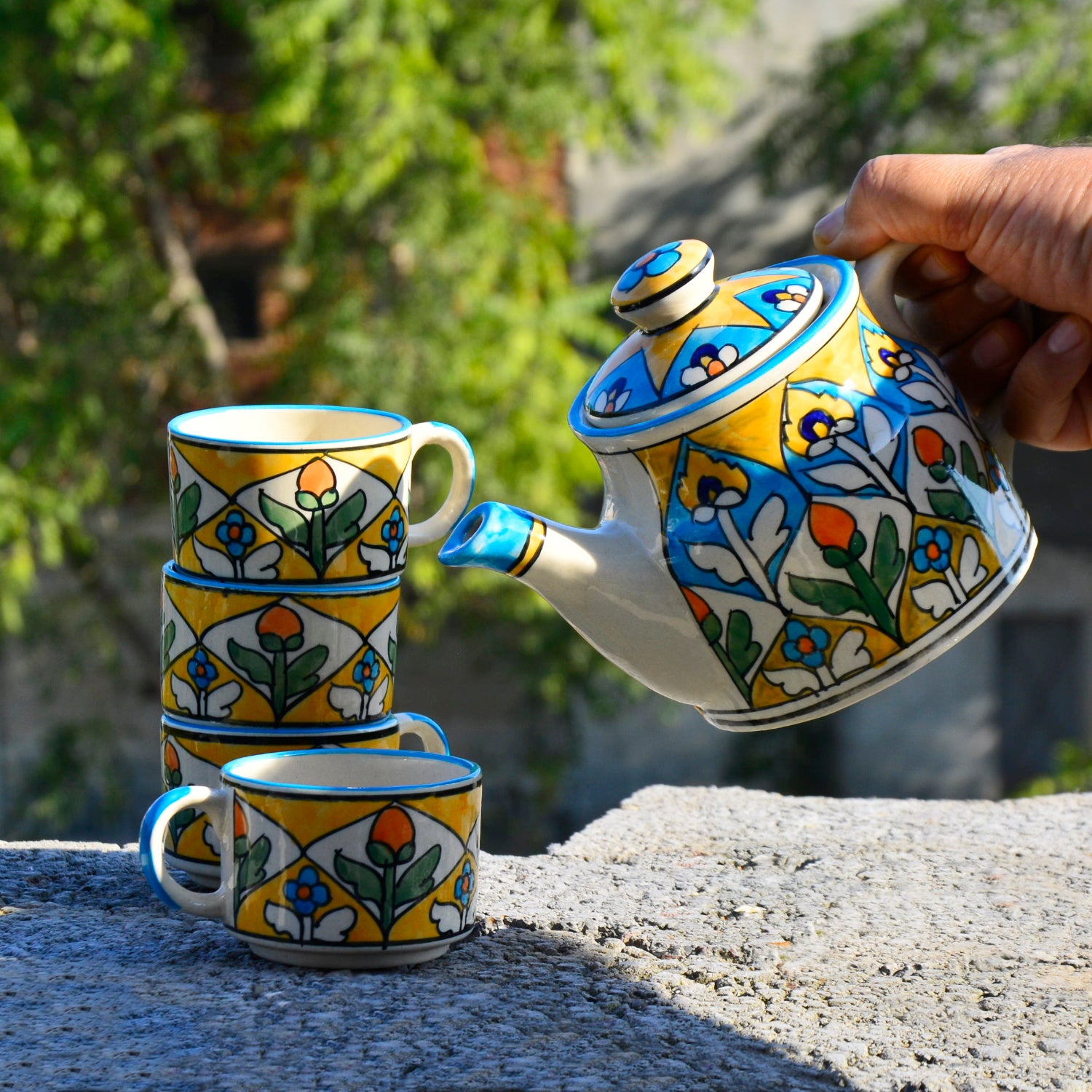 Handpainted Ceramic Tea Set (1 Kettle , 4 Cups, Multicolor) - View 3