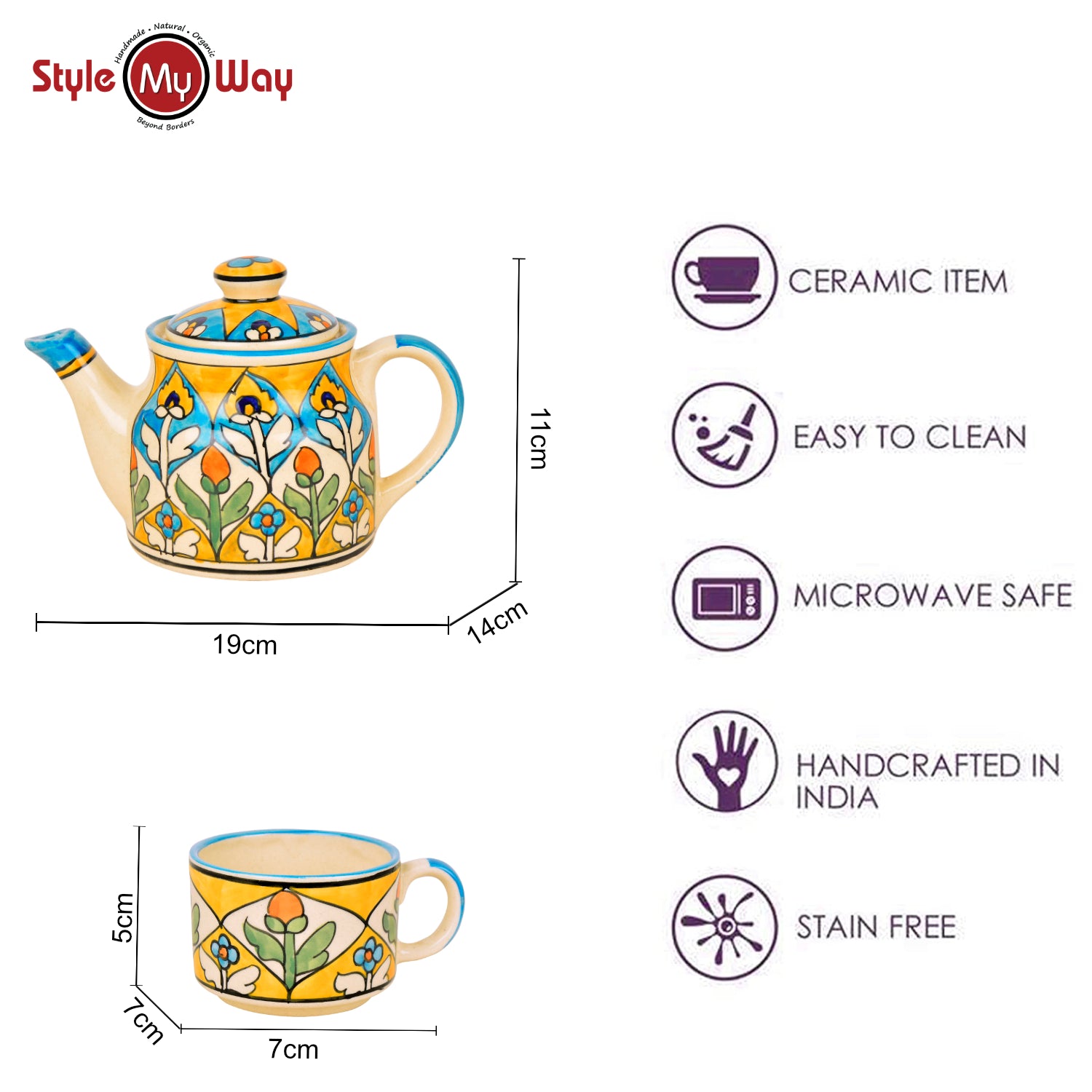 Handpainted Ceramic Tea Set (1 Kettle , 4 Cups, Multicolor) - View 4