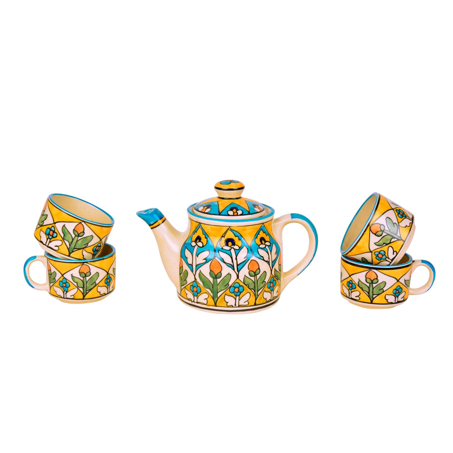 Handpainted Ceramic Tea Set (1 Kettle , 4 Cups, Multicolor) - View 5