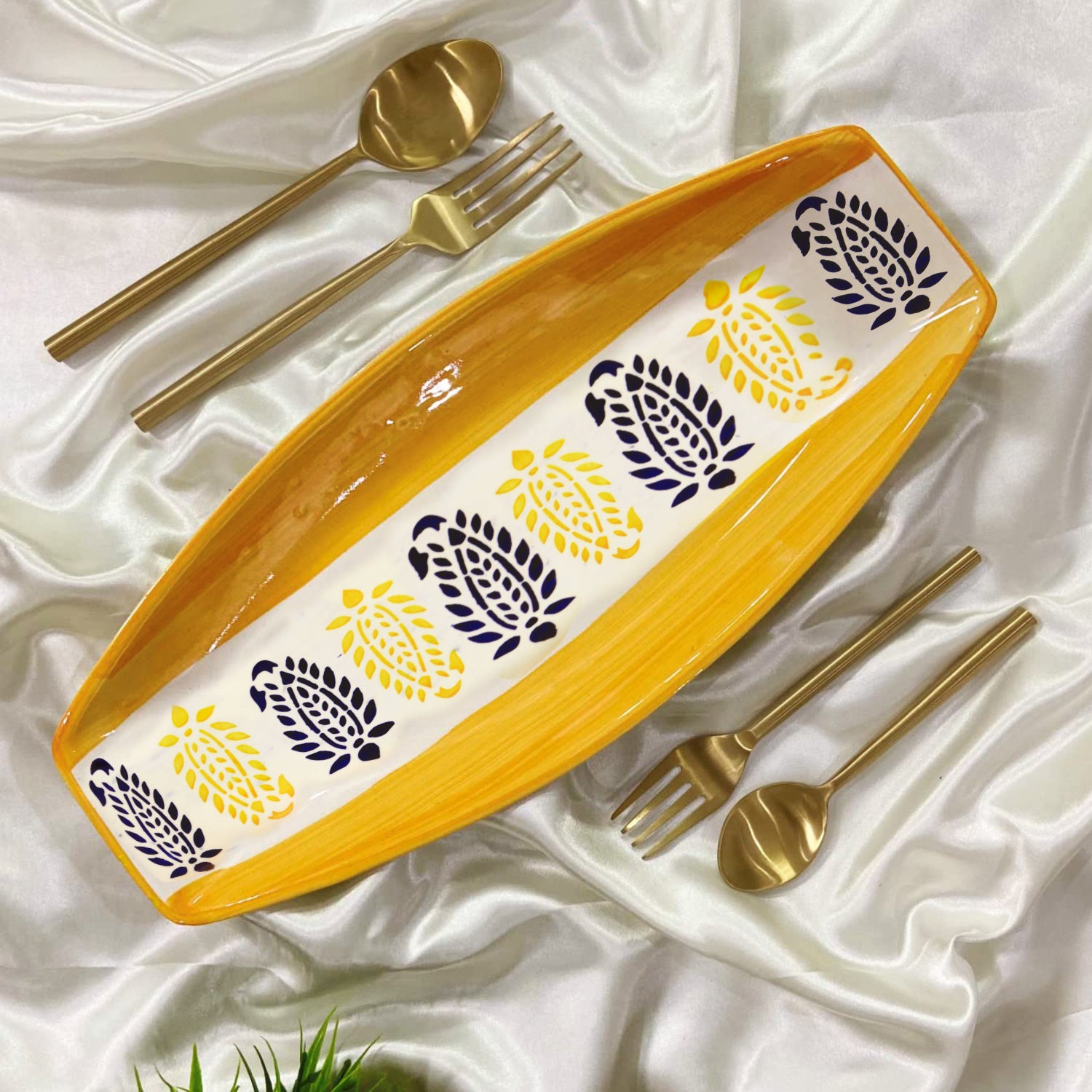 Hand Painted Ceramic Serving Platter (Orange, Black , L x B – 38 cm x 16 cm)