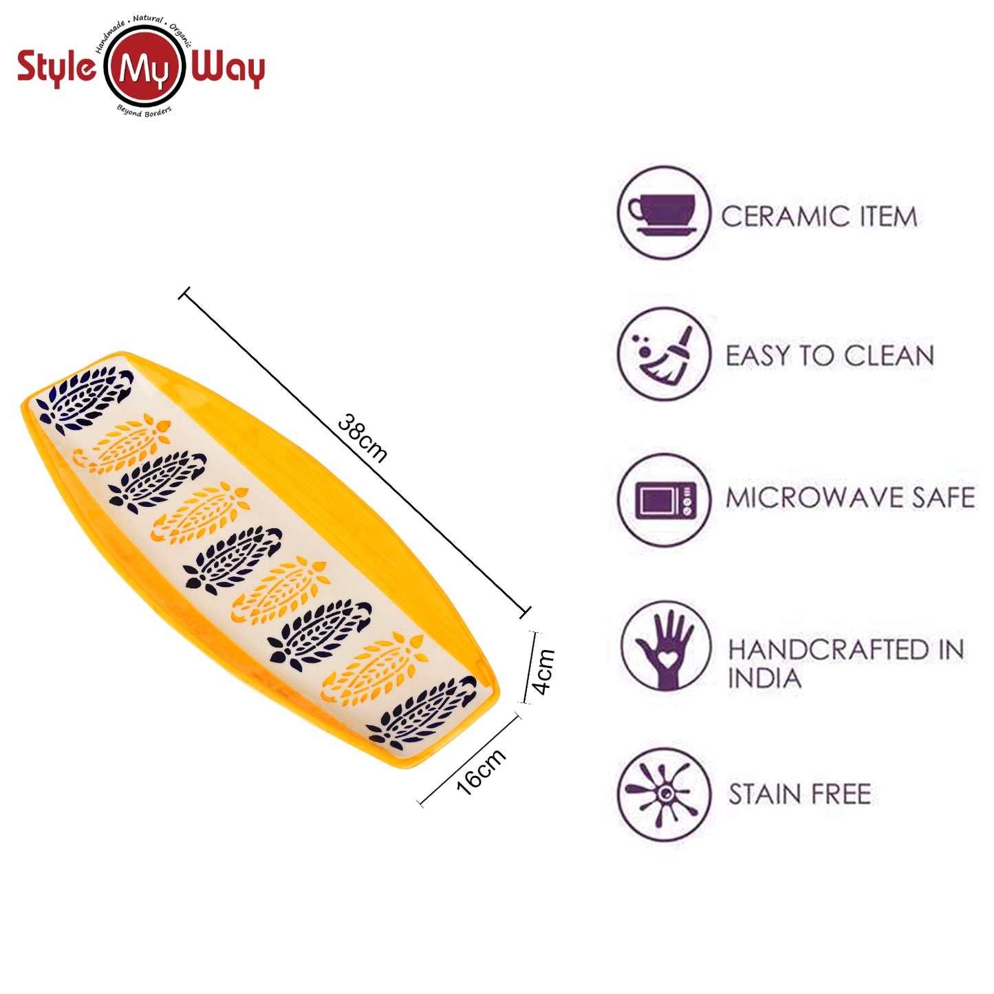 Hand Painted Ceramic Serving Platter (Orange, Black , L x B – 38 cm x 16 cm) - View 5