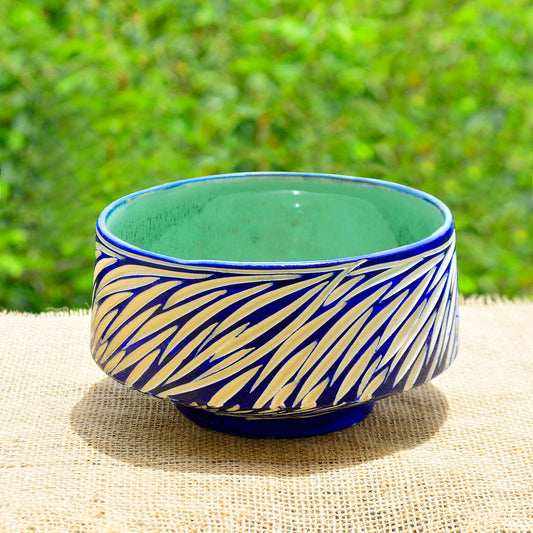Studio Pottery Ceramic Cutwork Serving Bowl (Blue and Off White , Diameter – 16.5 cm, 1500 ml )