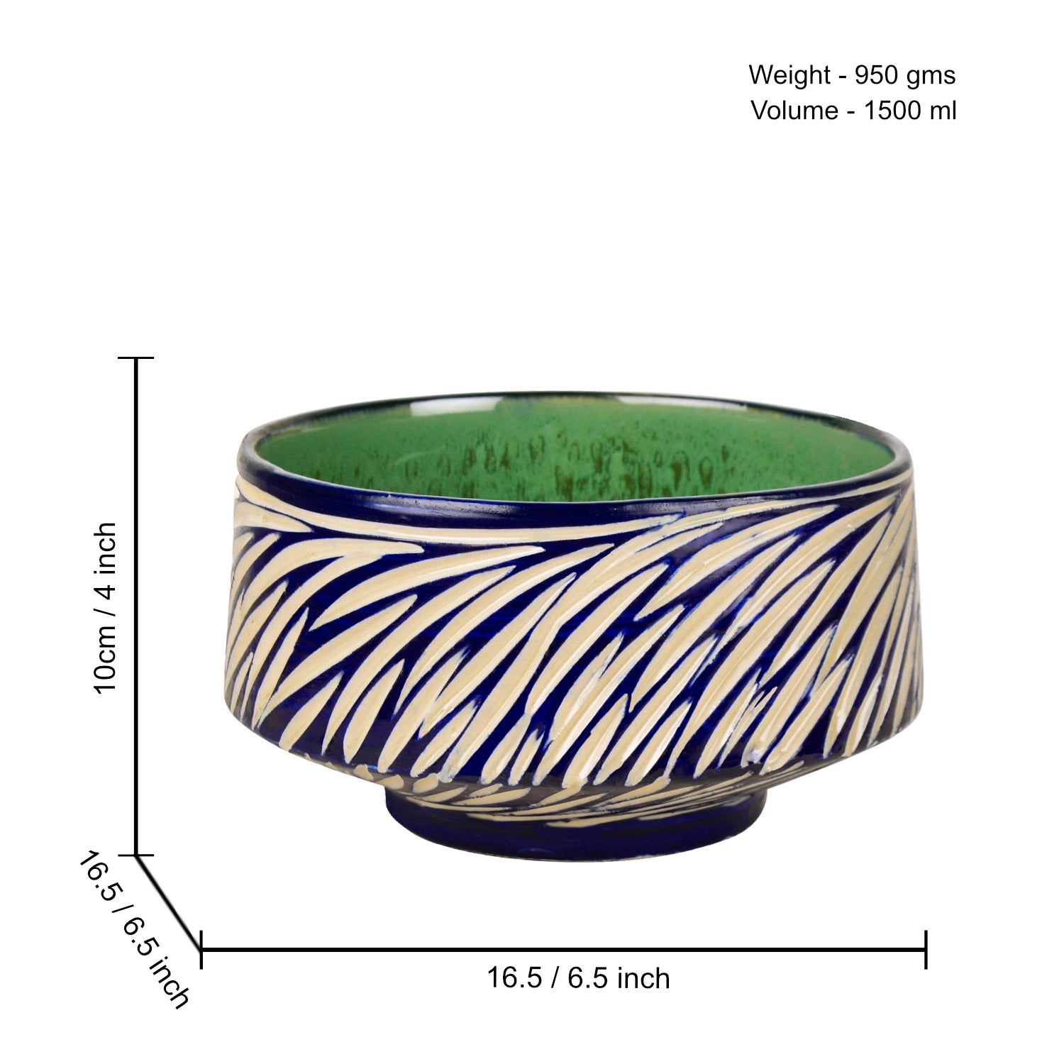 Studio Pottery Ceramic Cutwork Serving Bowl (Blue and Off White , Diameter – 16.5 cm, 1500 ml ) - View 2