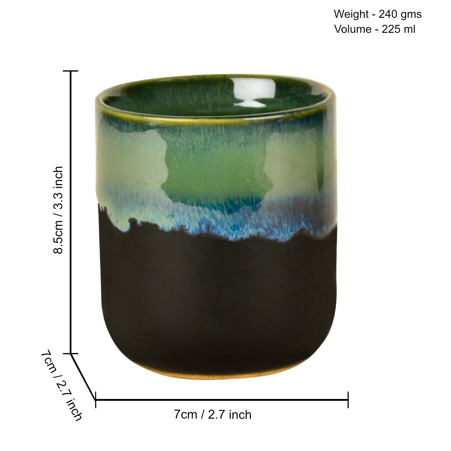 Studio Pottery Glazed Dual Tone Ceramic Glasses (Set of 6, Green and Red, 225 ml each) - View 2