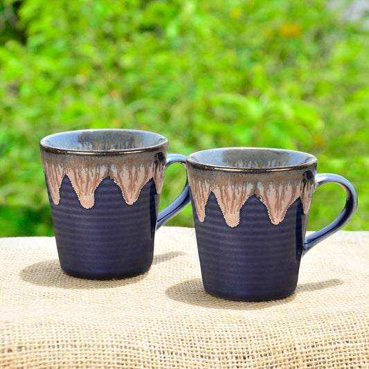 Studio Pottery Flow Design Ceramic Coffee Mugs (300 ml each, Set of 2, Blue)