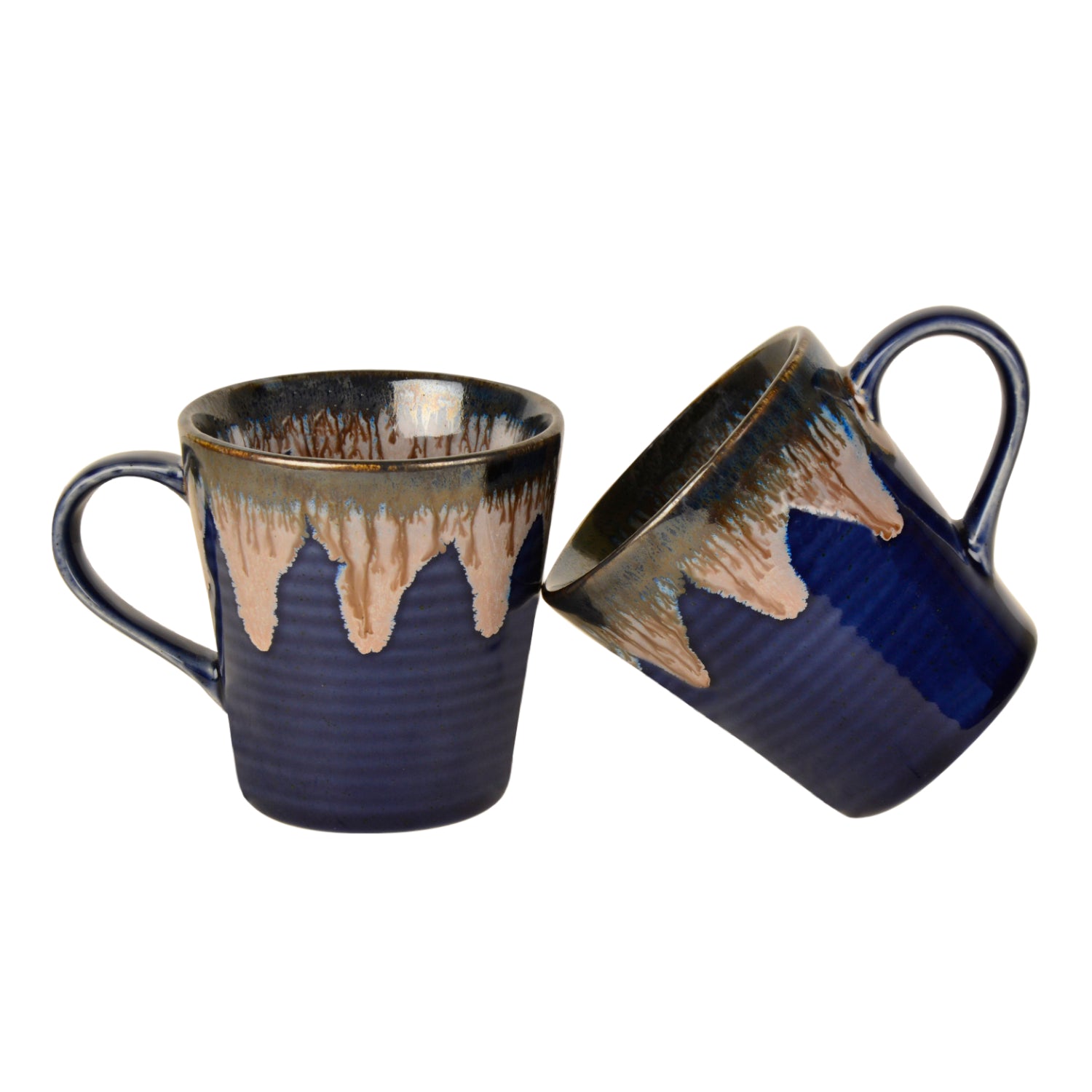Studio Pottery Flow Design Ceramic Coffee Mugs (300 ml each, Set of 2, Blue) - View 4
