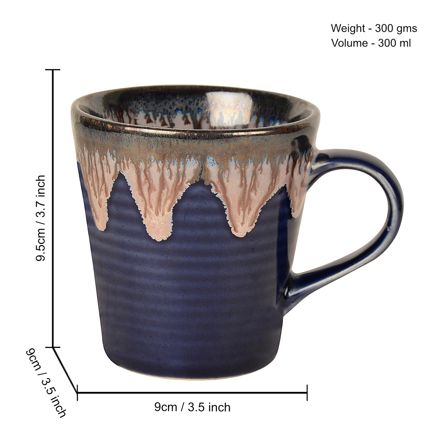 Studio Pottery Flow Design Ceramic Coffee Mugs (300 ml each, Set of 2, Blue) - View 2
