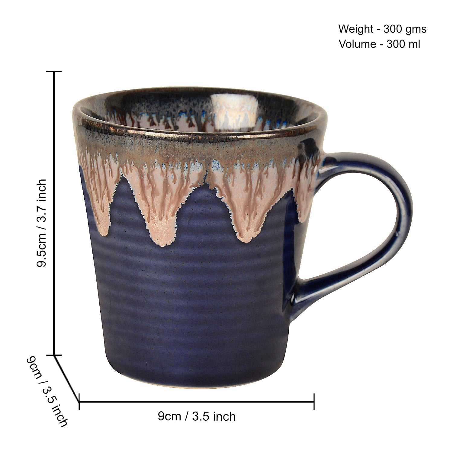 Studio Pottery Flow Design Ceramic Coffee Mugs (300 ml each, Set of 2, Blue) - View 2