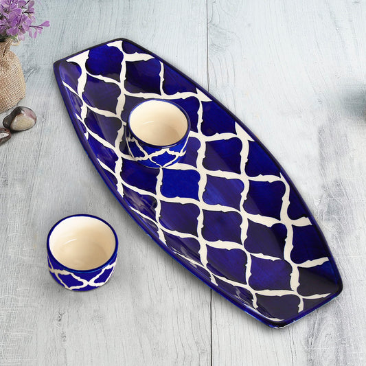 Hand Painted Ceramic Serving Platter With Two Dip Bowls (Blue, L x B – 38 cm x 16 cm)