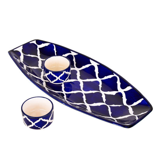 Hand Painted Ceramic Serving Platter With Two Dip Bowls (Blue, L x B – 38 cm x 16 cm) - View 2
