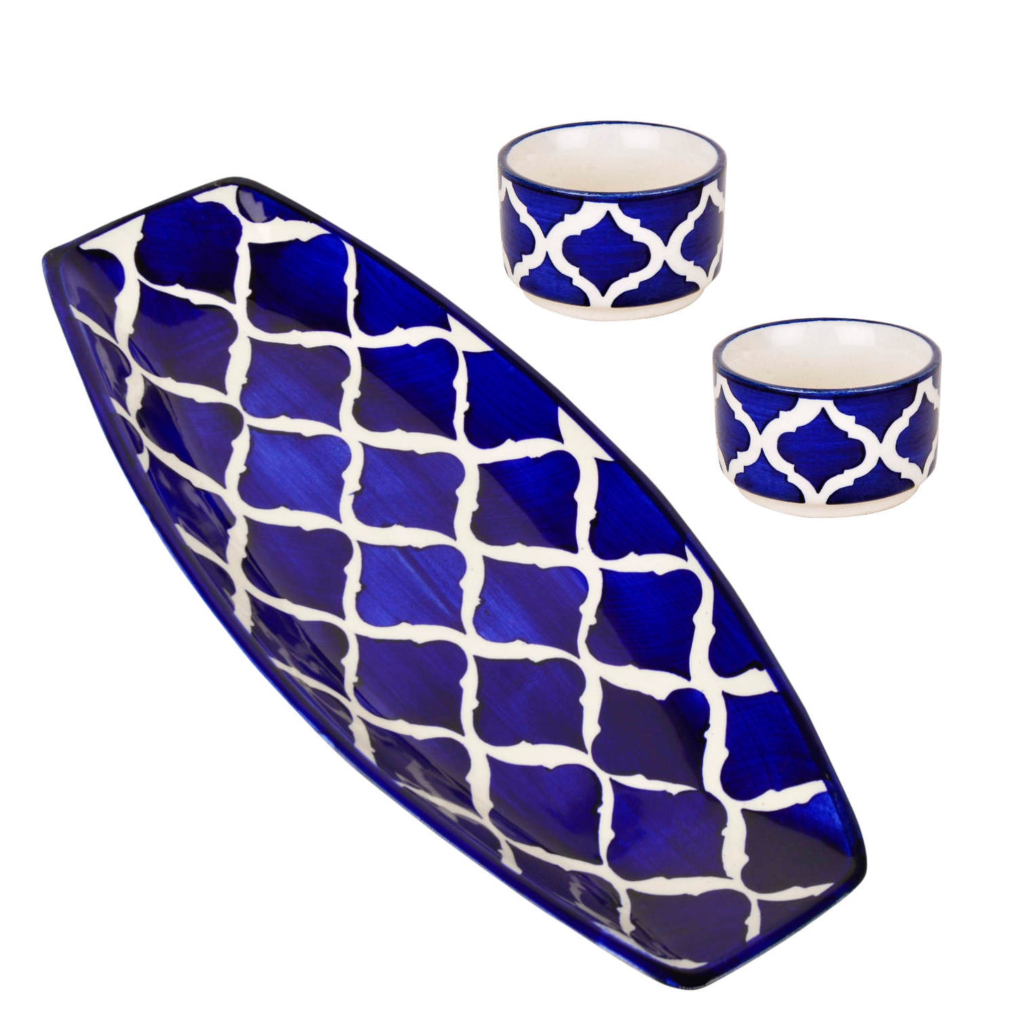 Hand Painted Ceramic Serving Platter With Two Dip Bowls (Blue, L x B – 38 cm x 16 cm) - View 5