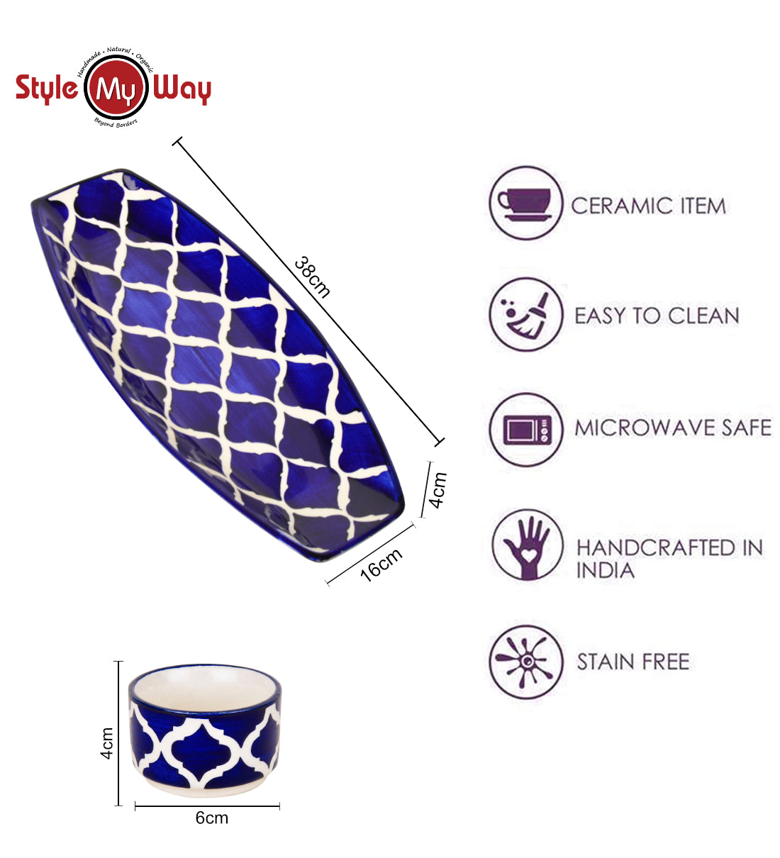 Hand Painted Ceramic Serving Platter With Two Dip Bowls (Blue, L x B – 38 cm x 16 cm) - View 4