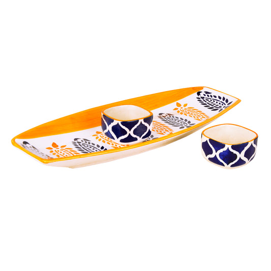 Hand Painted Ceramic Serving Platter With Two Dip Bowls (Orange, Black , L x B – 38 cm x 16 cm) - View 2