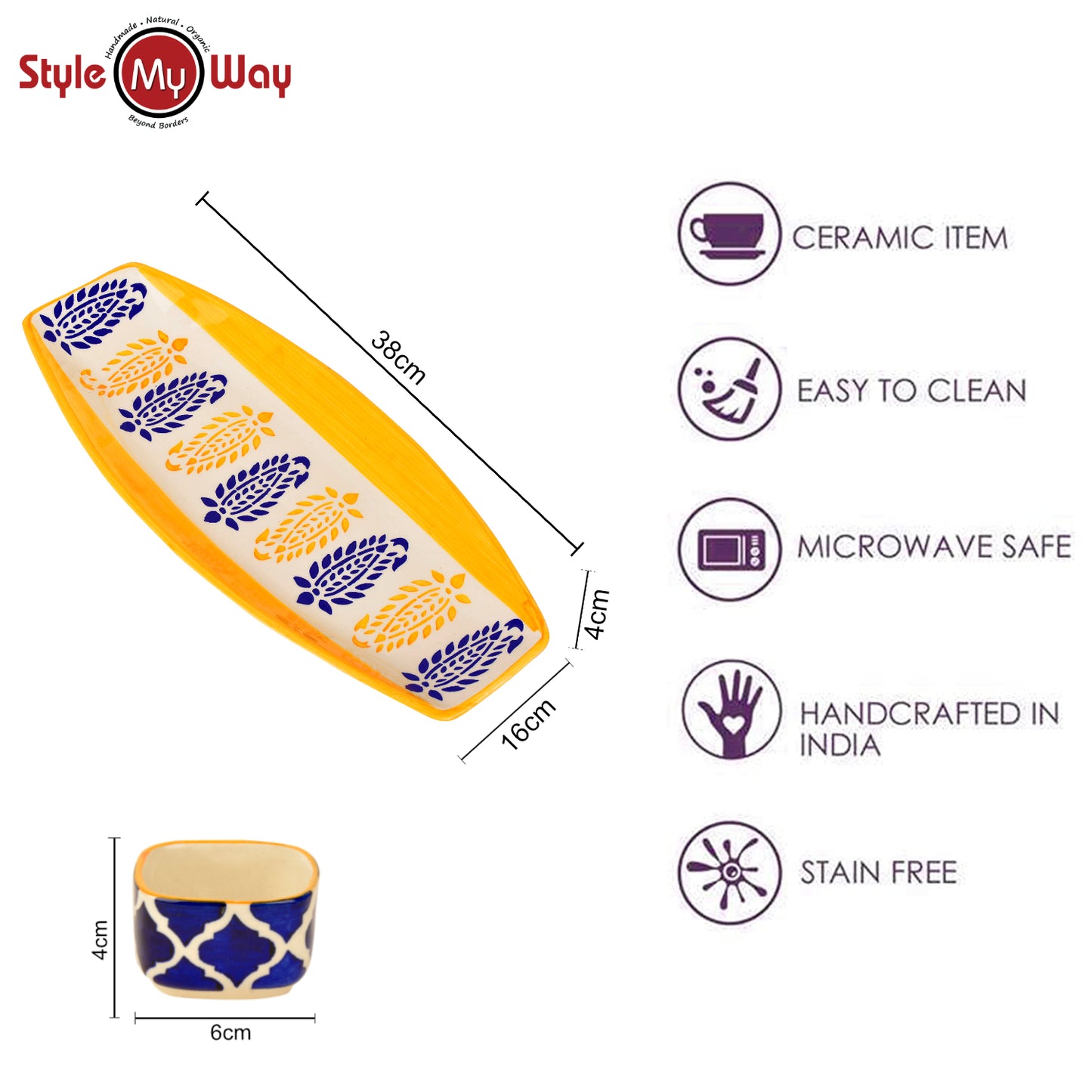 Hand Painted Ceramic Serving Platter With Two Dip Bowls (Orange, Black , L x B – 38 cm x 16 cm) - View 5