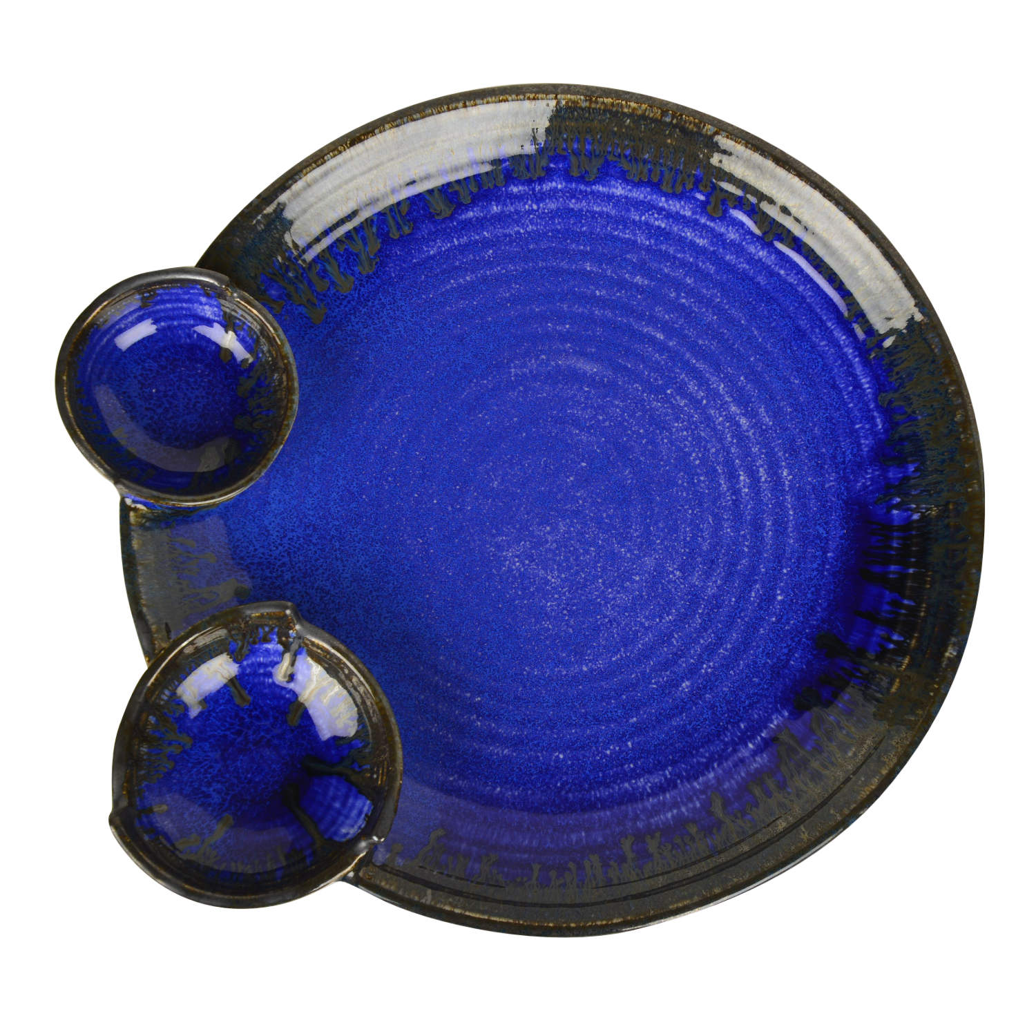 “Luxurious Midnight Blue” Ceramic Chip and Dip Platter with 2 fixed Dip Bowls (Pussian Blue , 12 inches , 1200 gm) - View 4