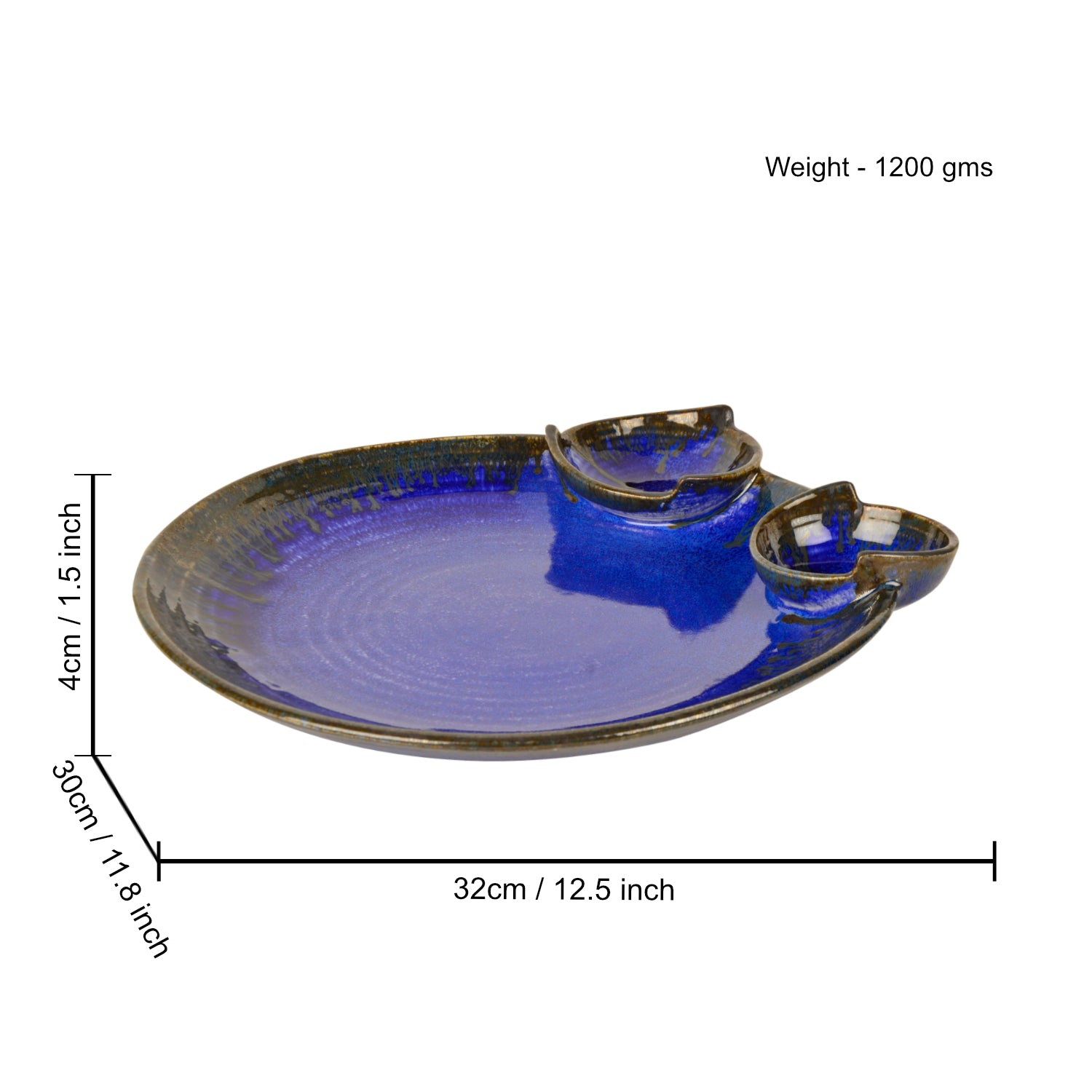 “Luxurious Midnight Blue” Ceramic Chip and Dip Platter with 2 fixed Dip Bowls (Pussian Blue , 12 inches , 1200 gm) - View 5