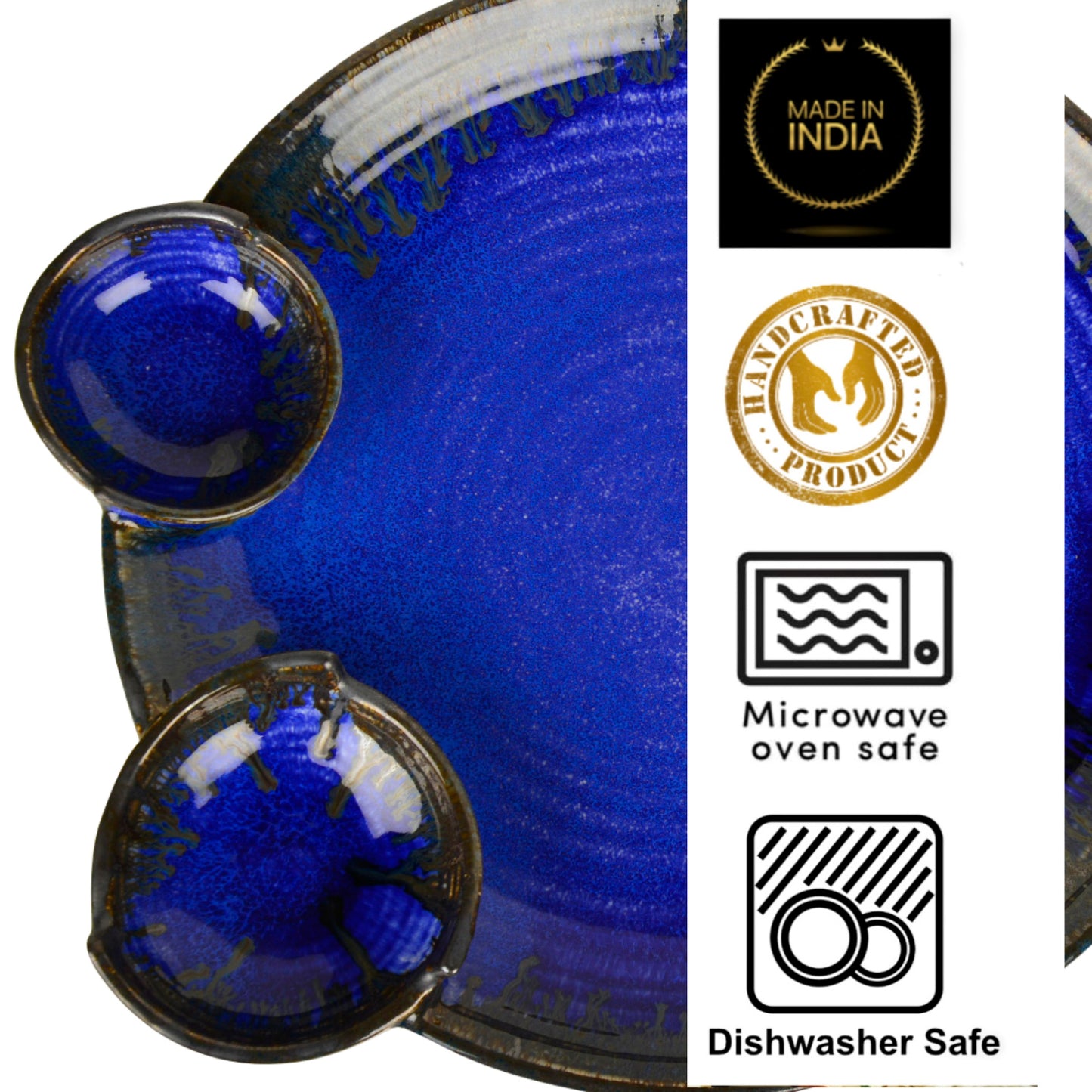 “Luxurious Midnight Blue” Ceramic Chip and Dip Platter with 2 fixed Dip Bowls (Pussian Blue , 12 inches , 1200 gm) - View 6
