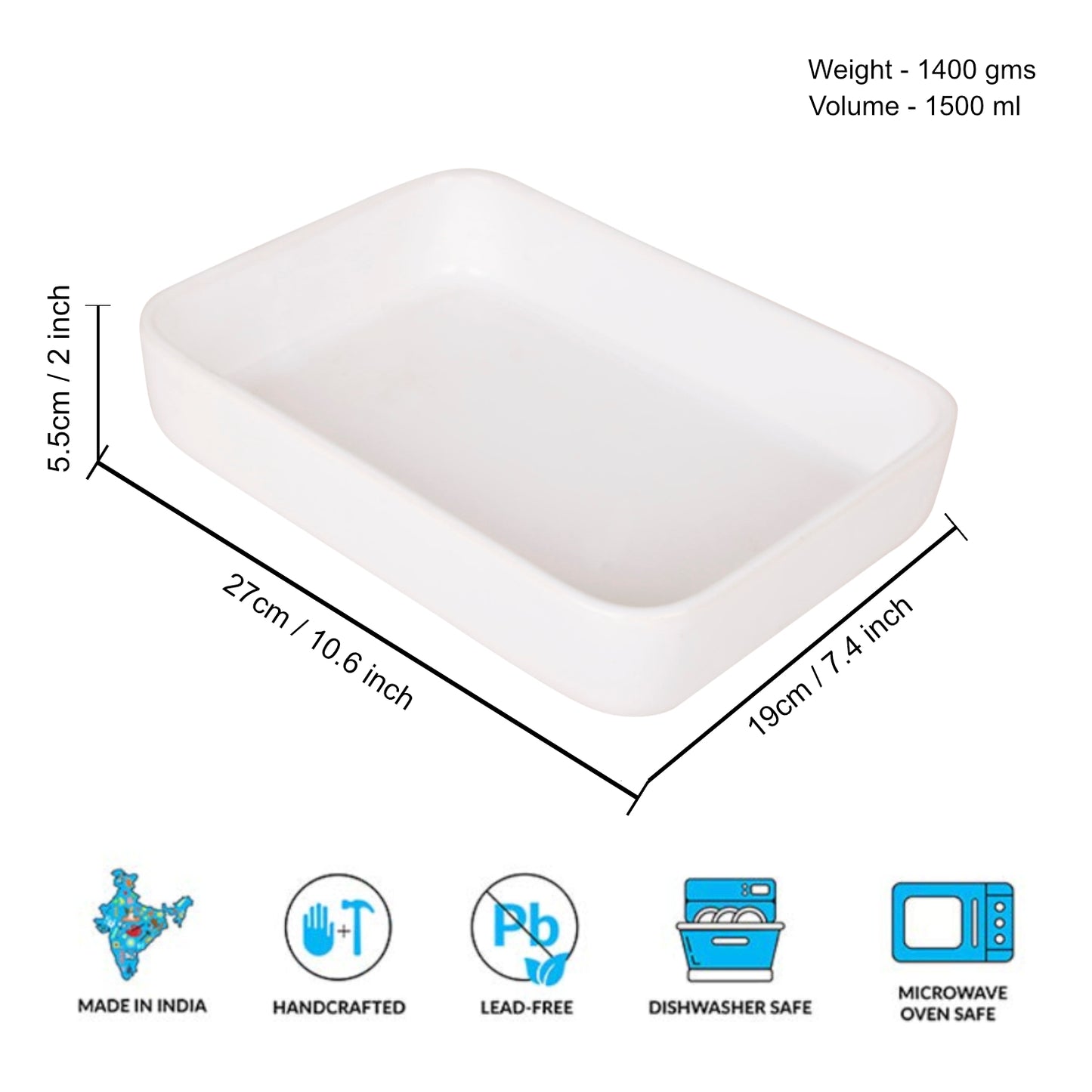 Ceramic Baking Dish ( L x B x H – 27 x 19 x 5.5 cm , White , 1500 ml) - View 5