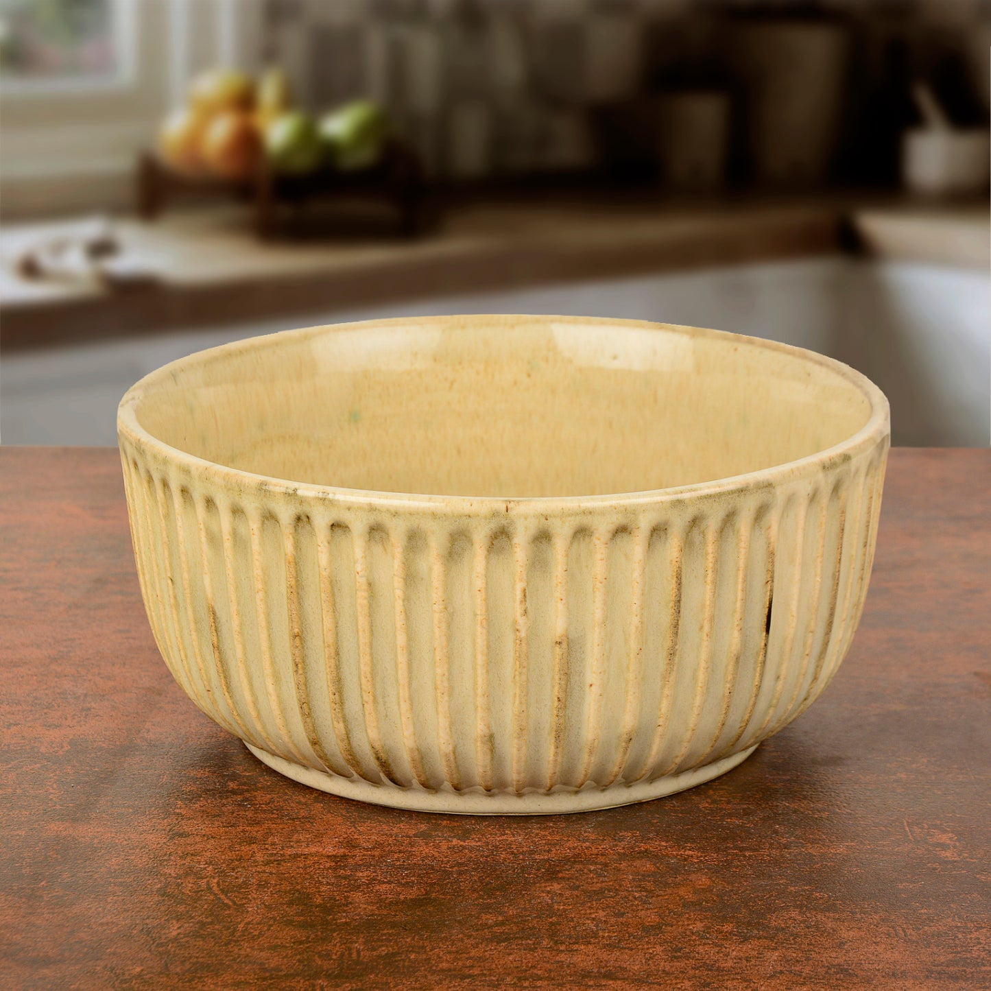 "Dazzling Riviera" Studio Pottery Ribbed Ceramic Serving Bowl (Ivory, Diameter – 7 inches, 1500 ml )