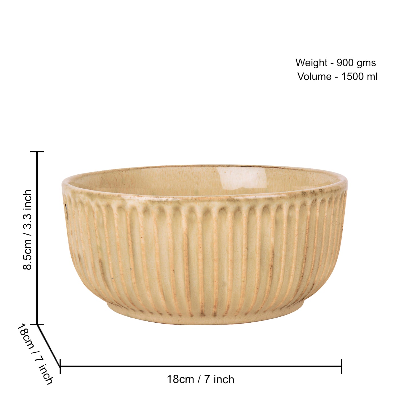 "Dazzling Riviera" Studio Pottery Ribbed Ceramic Serving Bowl (Ivory, Diameter – 7 inches, 1500 ml ) - View 2
