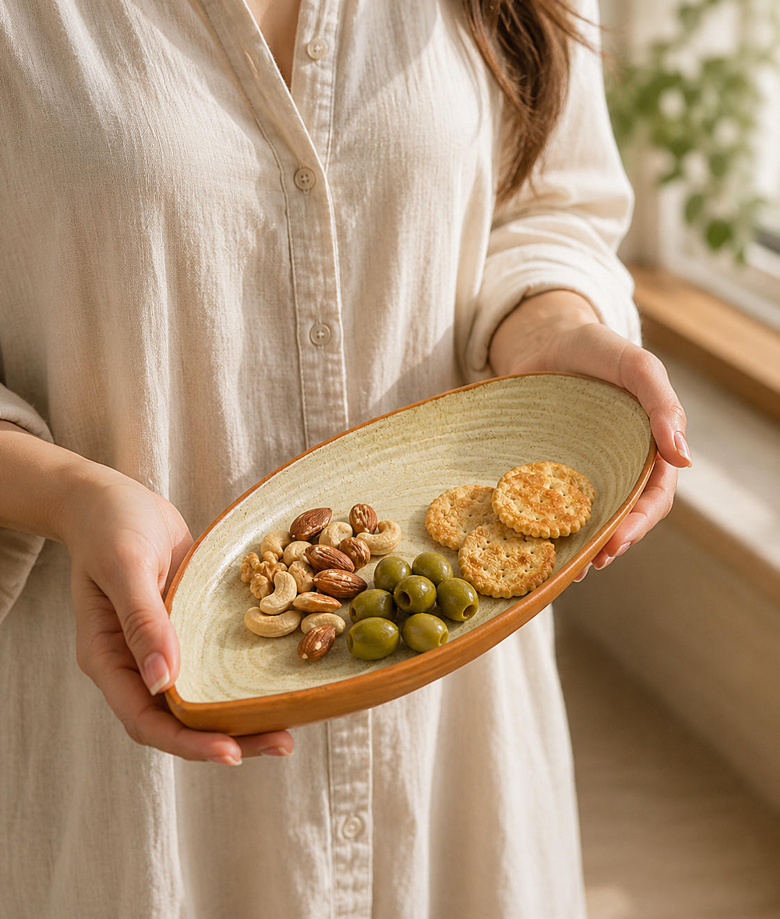Luxurious Boat Shaped Ceramic Platter with Spiral Design (Ivory , 11 inches)