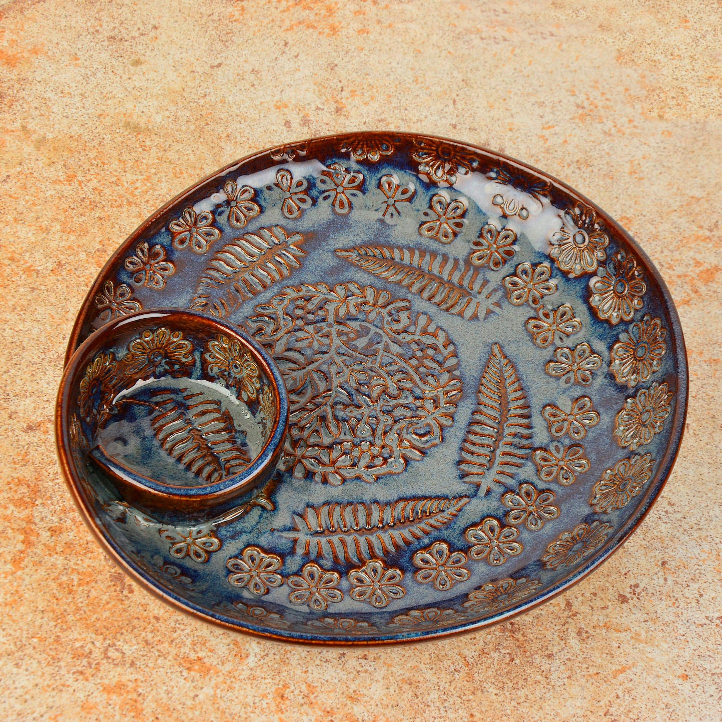 Luxurious Hand Embossed Ceramic Chip and Dip Platter with Fixed Dip Bowl ( Dove Blue , 12 inches , 1400 gm)
