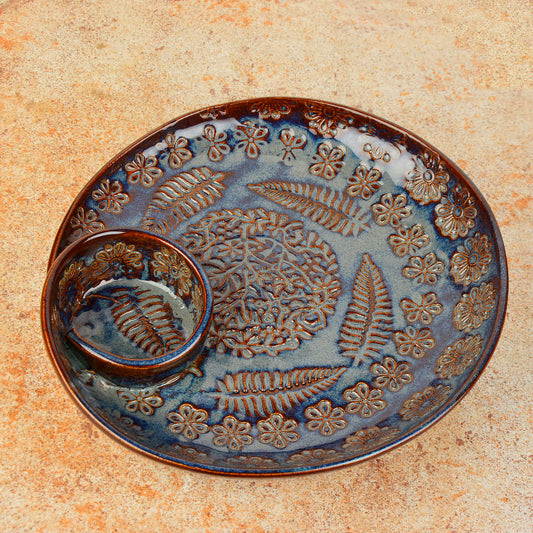 Luxurious Hand Embossed Ceramic Chip and Dip Platter with Fixed Dip Bowl ( Dove Blue , 12 inches , 1400 gm)