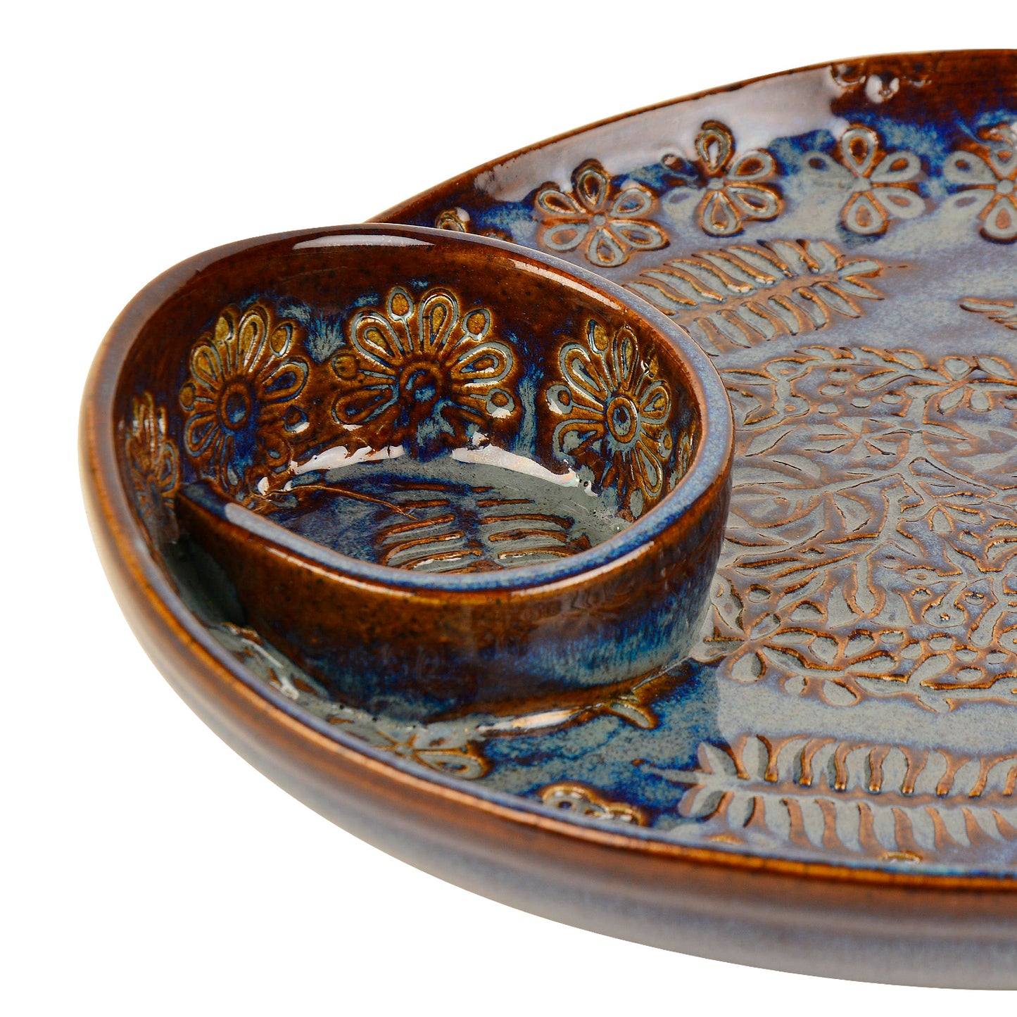 Luxurious Hand Embossed Ceramic Chip and Dip Platter with Fixed Dip Bowl ( Dove Blue , 12 inches , 1400 gm) - View 3