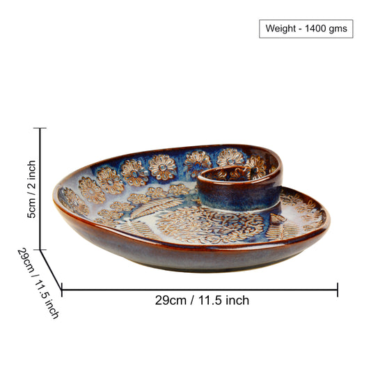 Luxurious Hand Embossed Ceramic Chip and Dip Platter with Fixed Dip Bowl ( Dove Blue , 12 inches , 1400 gm) - View 2