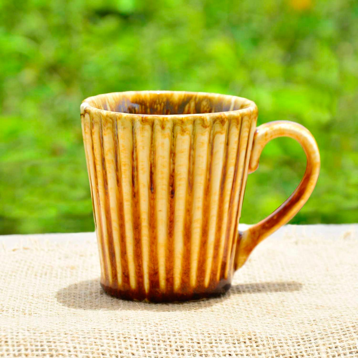 Ceramic Ribbed Coffee Mugs (300 ml each, Set of 2, Brown) - View 3