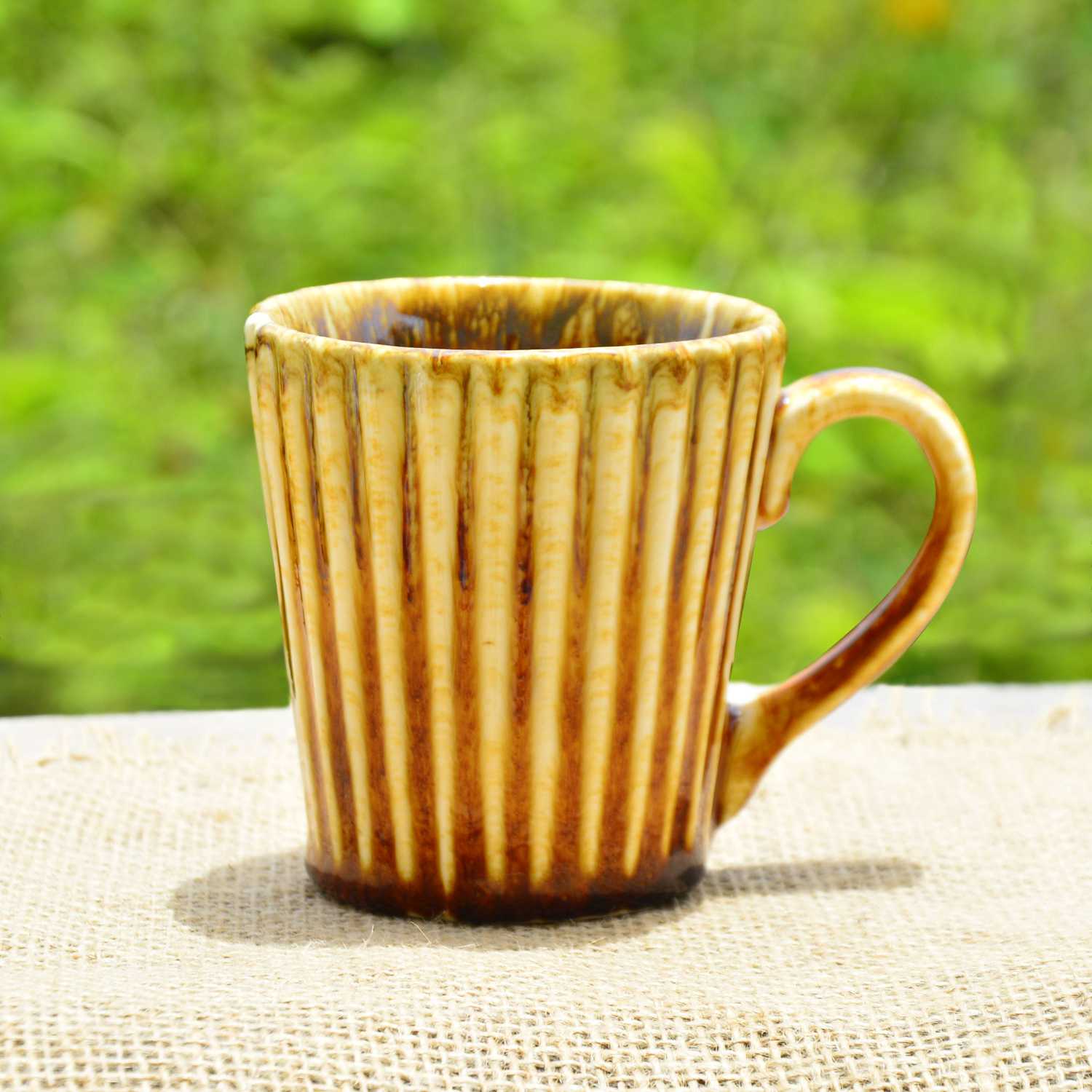 Ceramic Ribbed Coffee Mugs (300 ml each, Set of 2, Brown) - View 3