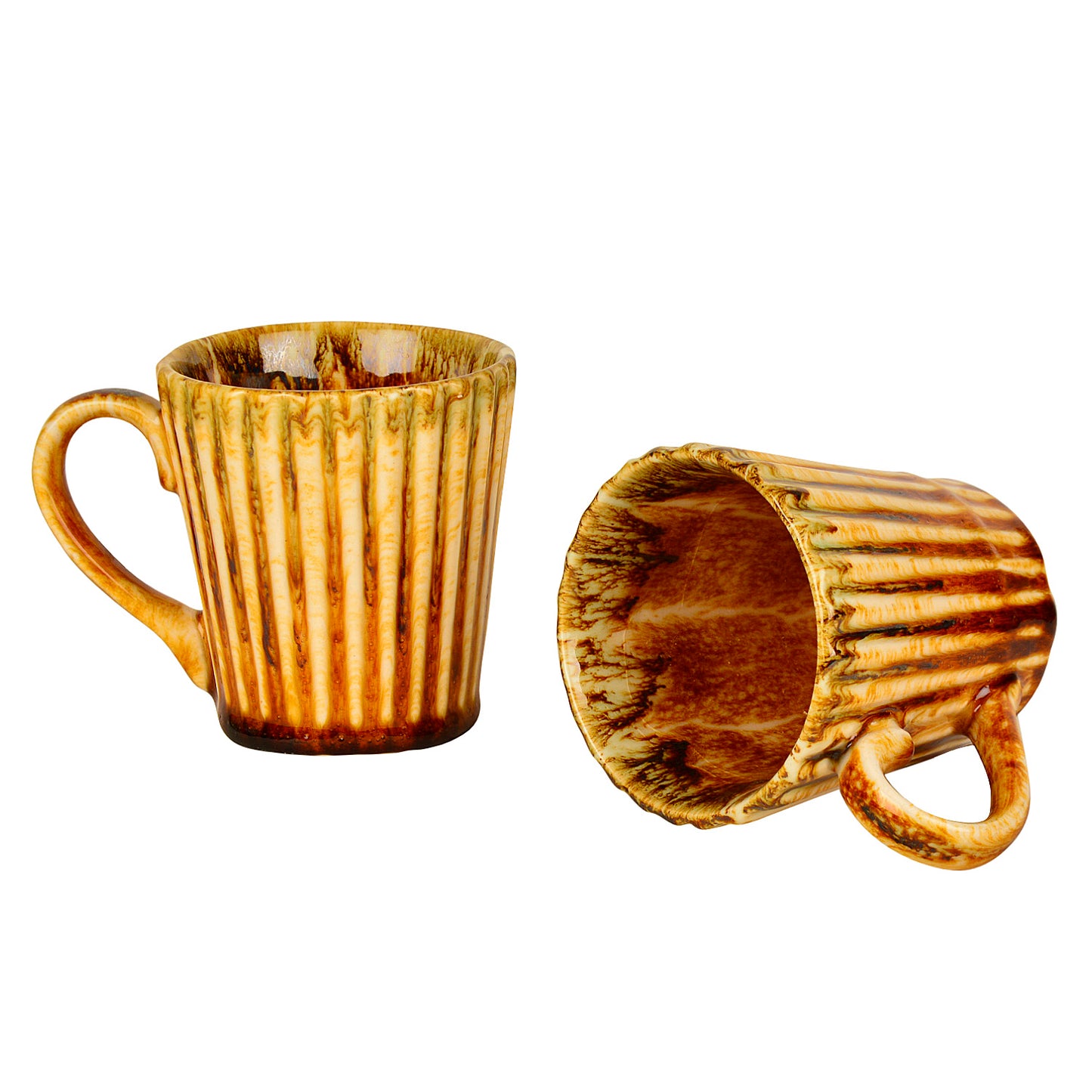 Ceramic Ribbed Coffee Mugs (300 ml each, Set of 2, Brown) - View 5
